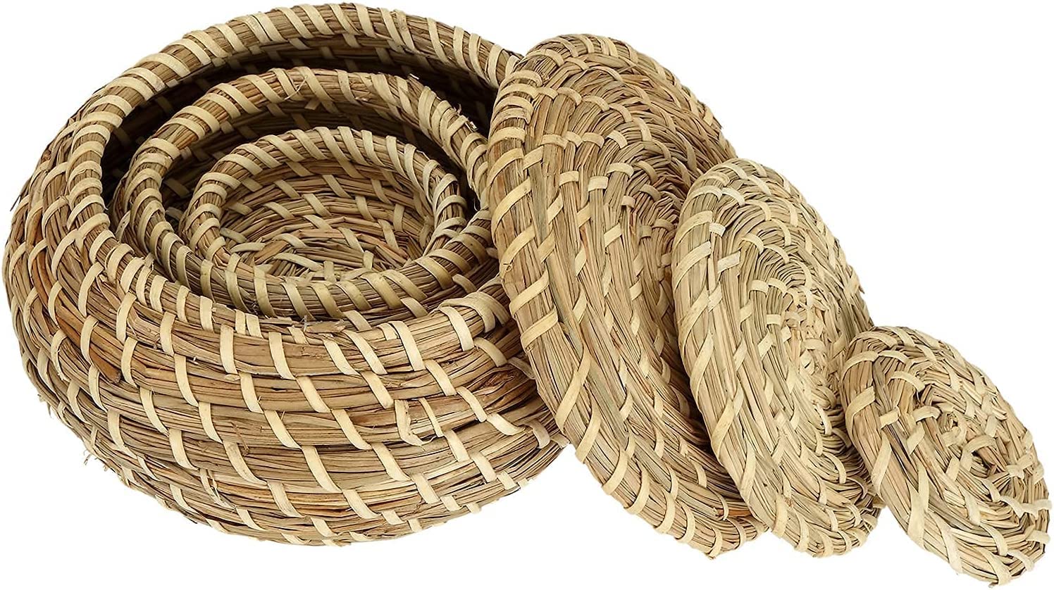 Dicunoy Set Of 3 Small Wicker Basket With Lid, Round Woven Seagrass Baskets, Little Handmade Rattan Storage Basket Box For Shelf