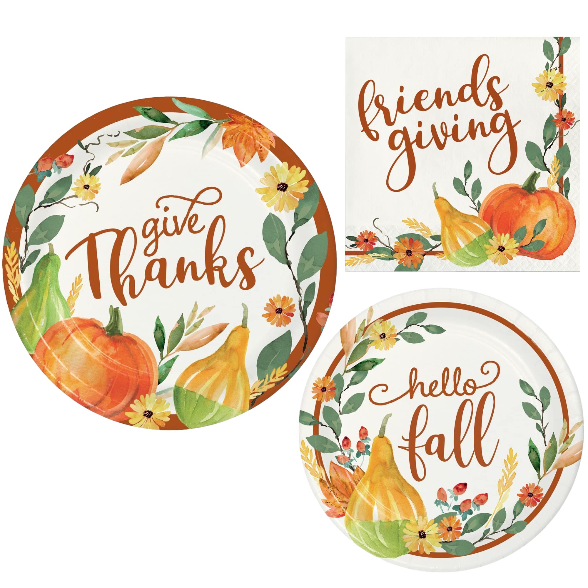 Party Creations Thanksgiving Harvest Supply Pack | Bundle Includes Paper Dinner Plates, Dessert Plates & Napkins for 8 People Au