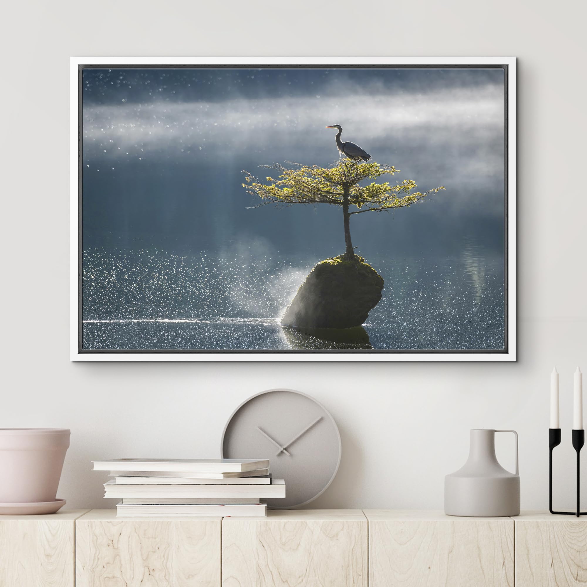 Wall26 Framed Canvas Print Wall Art Solitary Bird On Tree In Misty Lake Animals Photography Realism Rustic Scenic Landscape Wild
