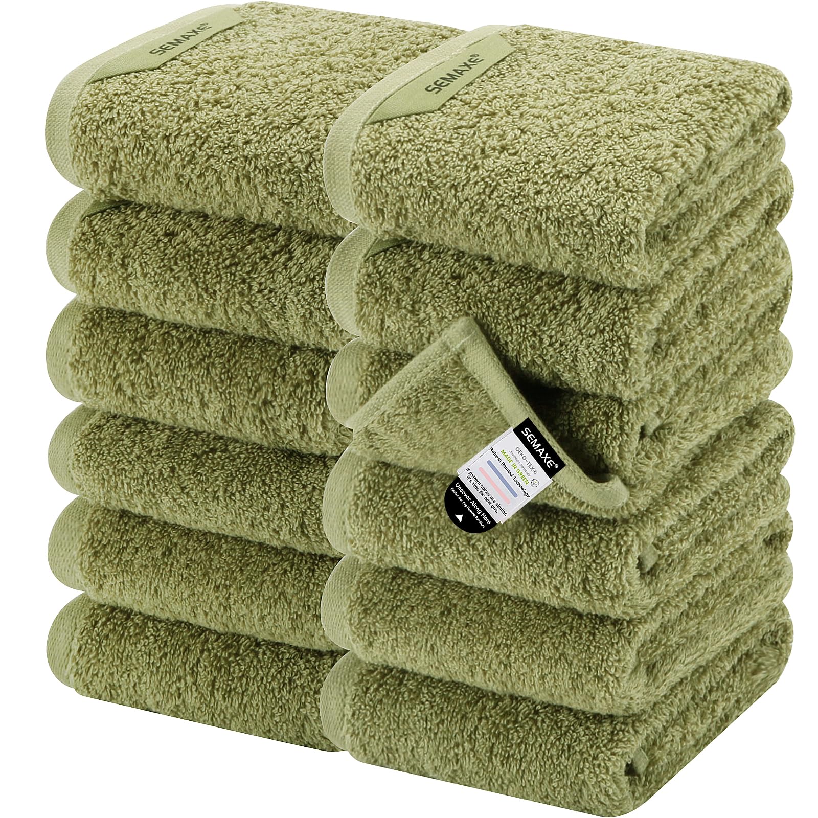Semaxe Green Washcloths With Hanging Loops And Smart Tags, 100% Cotton Wash Cloths Set Of 12, Face Towels Set For Bathroom, Hote