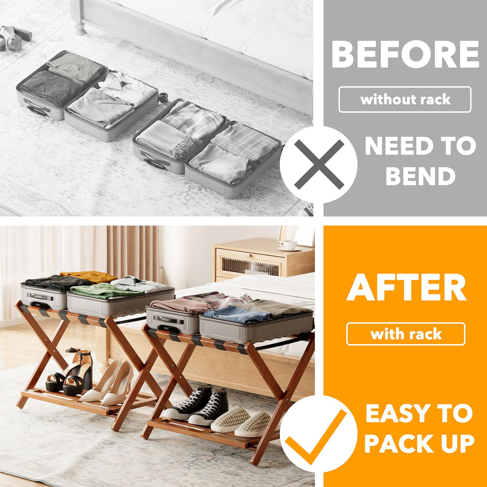 Spaceaid Fully Assembled Luggage Rack 2 Pack, Bamboo Foldable Suitcase Stand For Guest Room, Heavy Duty Folding Luggage Holder W