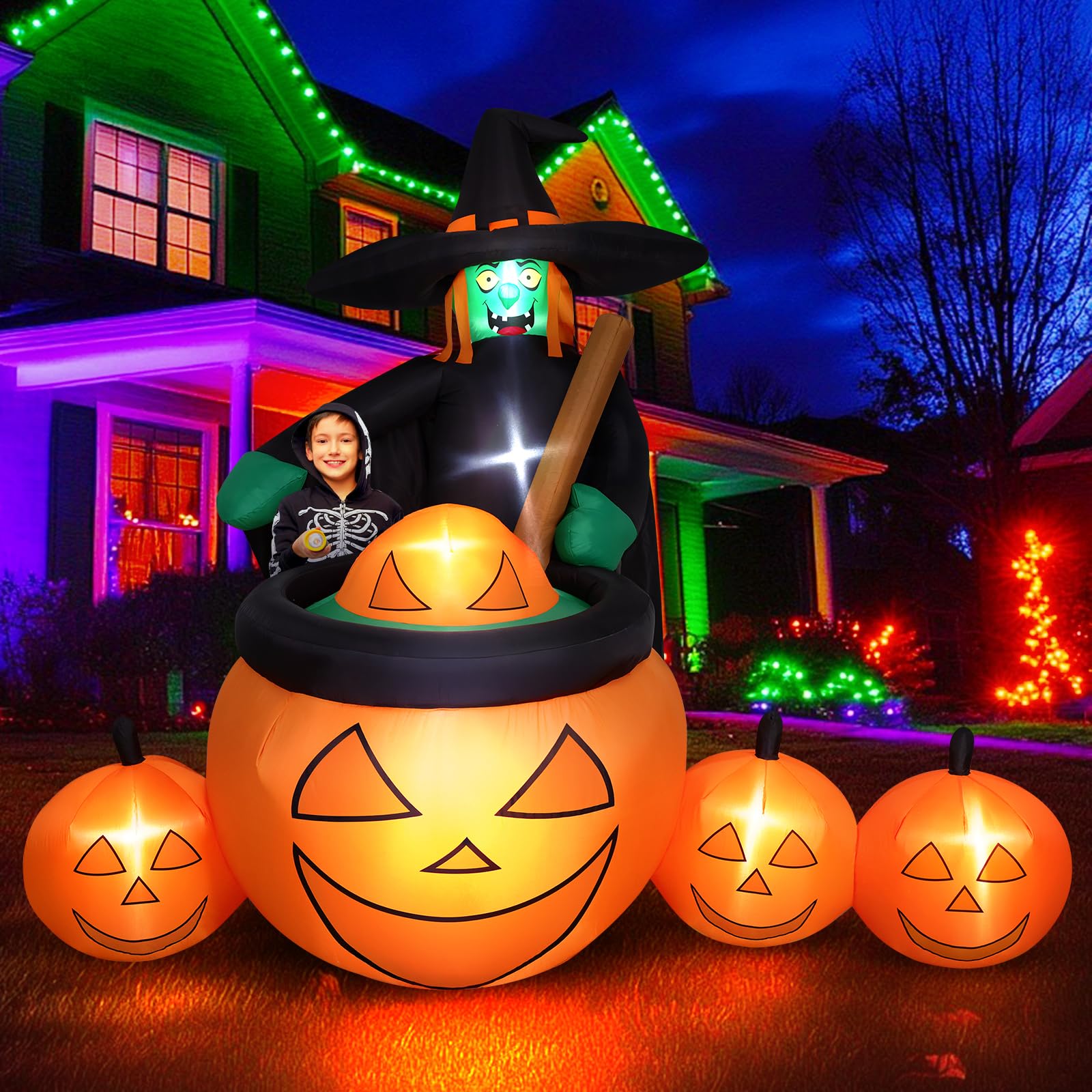 Thuodo 7 FT Tall Halloween Inflatables Witch Pumpkin Pot Outdoor Decorations Blow Up Yard with Built-in LEDs for Lawn Garden Hol