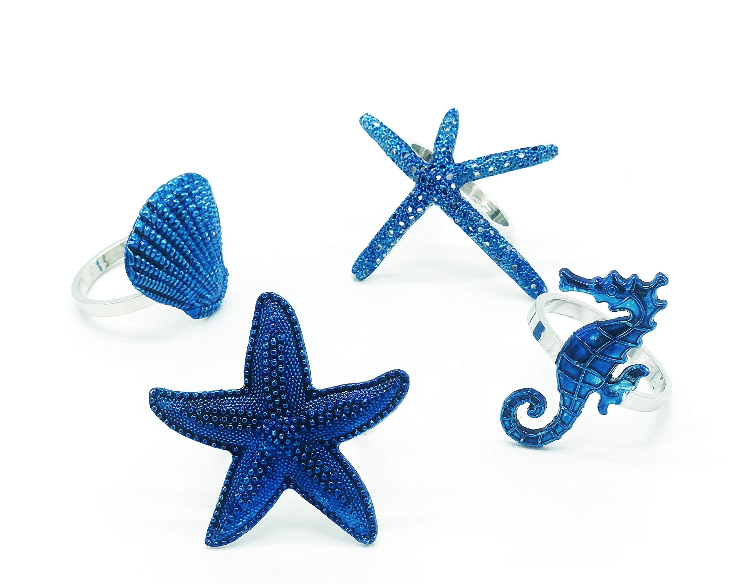 Fennco Styles Coastal Sea Creatures Metal Napkin Rings, Set Of 4 - Blue Nautical Napkin Holders For Home D  Cor, Dining Table, B