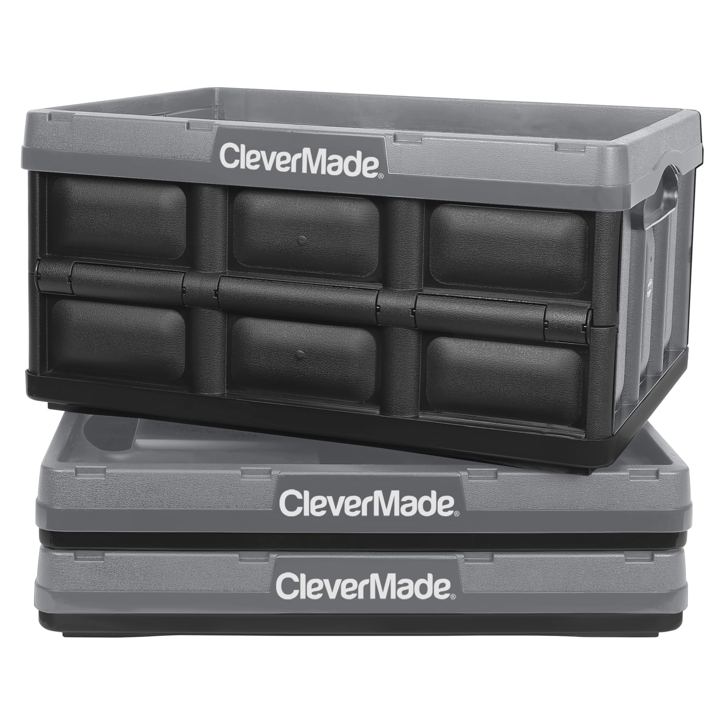 Clevermade Collapsible Storage Bin, Stone, 3Pk - 32L (8 Gal) Stackable Storage Containers, Holds 66Lbs Per Bin - Plastic Storage