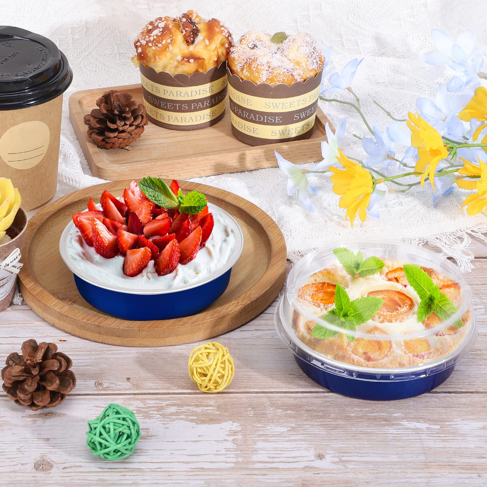 Beasea Mini Tart Pan 20 Pack With Lids, 4 Inch 8Oz Jewelry Blue Disposable Aluminum Baking Foil Tins Small Round Container For I