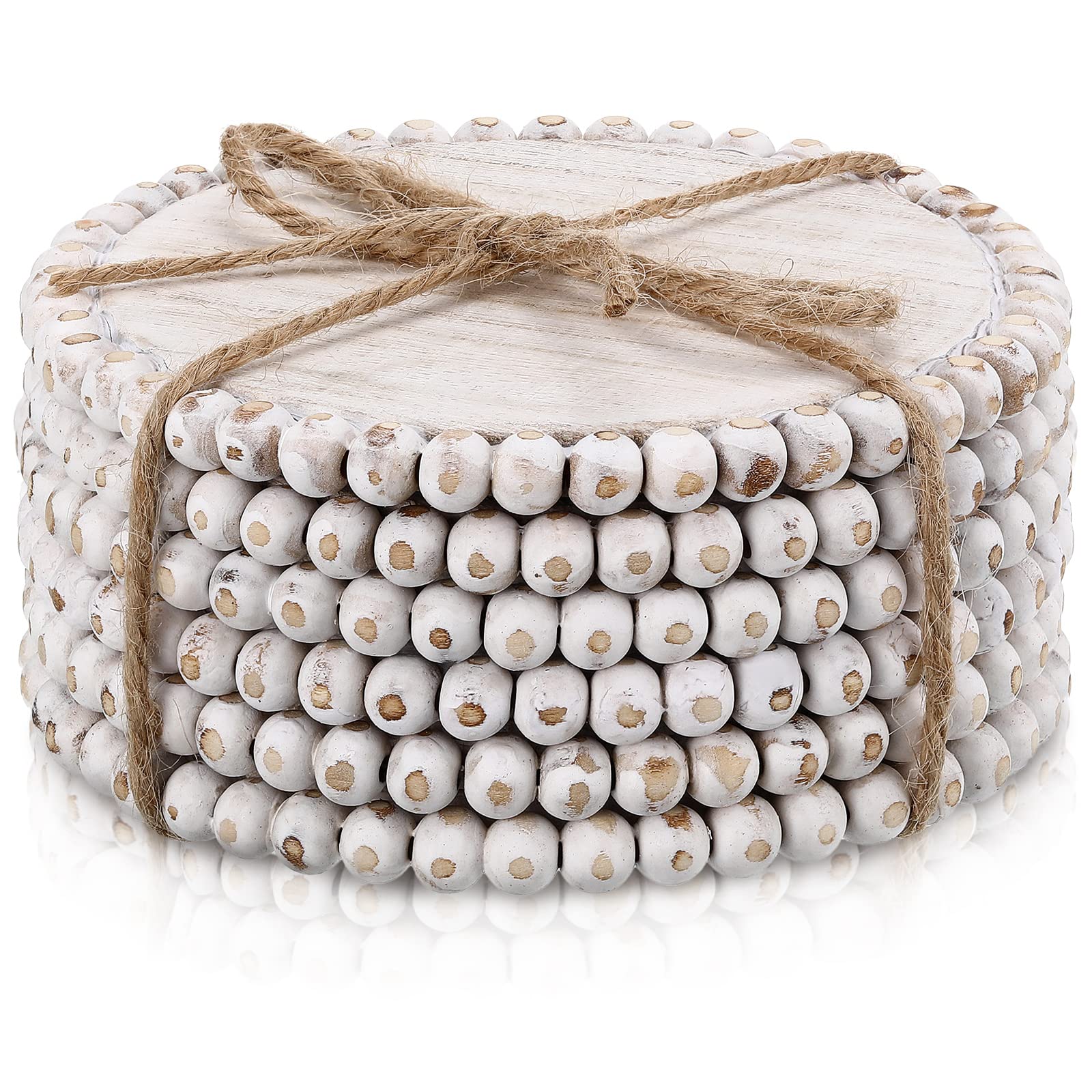 Honeydak 6 Pcs Beaded Wood Coasters Sets 3.94 Inches Round Beaded Farmhouse Coasters Home Wood For Drinks Bar Table Top Home Kit