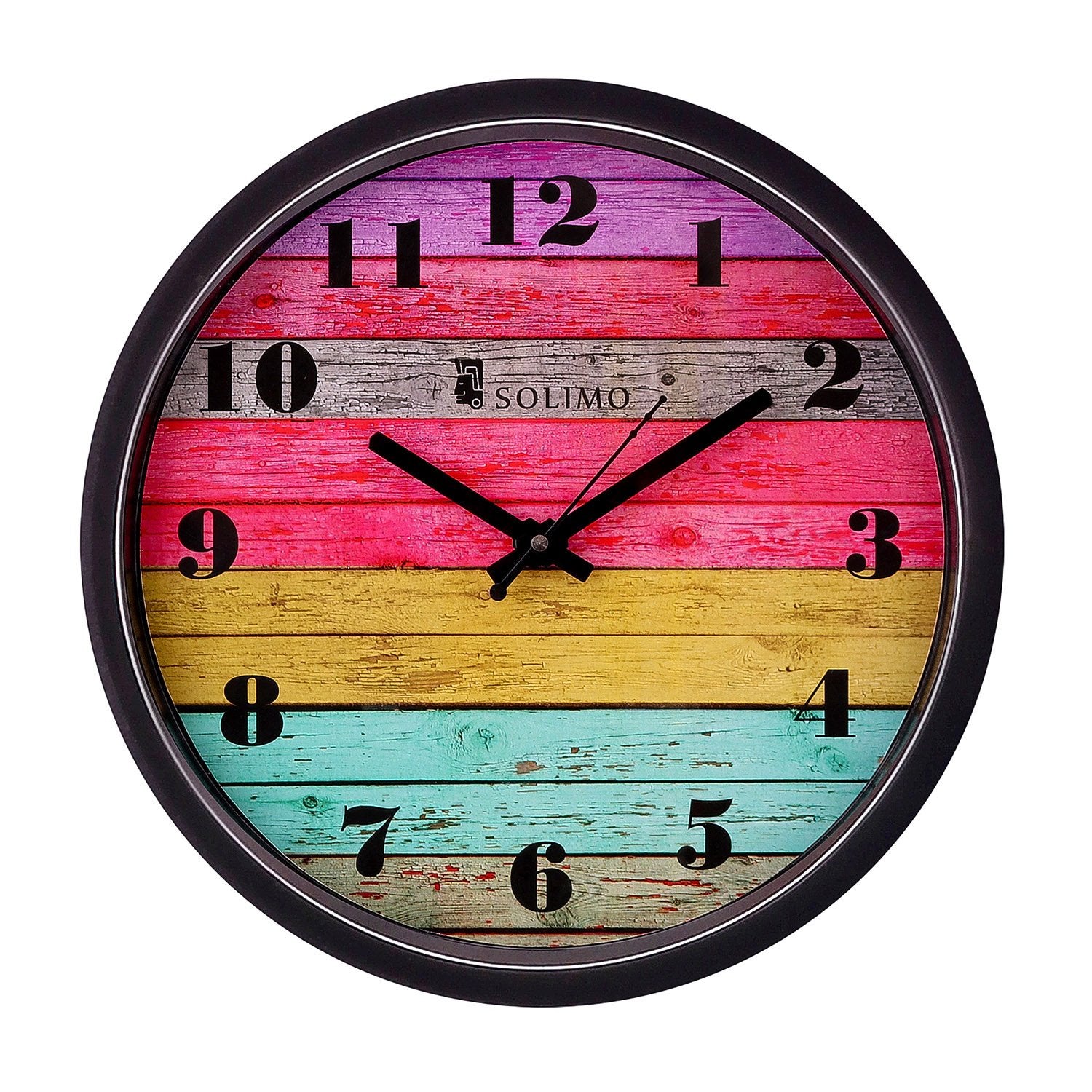 Amazon Brand - Solimo 12-Inch Plastic & Glass Wall Clock - Coloured Stripes (Step Movement, Black Frame)