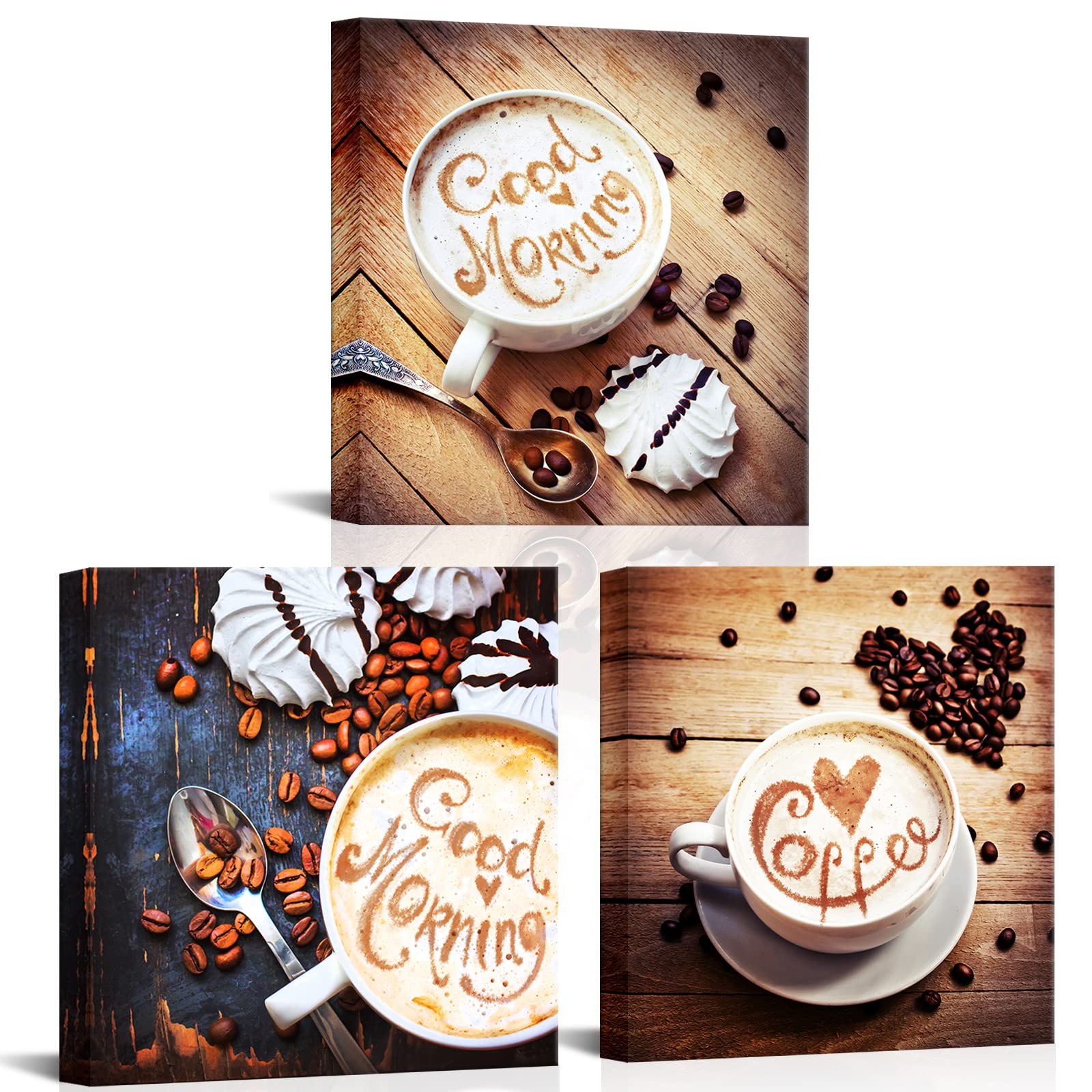 Ilooklike 3 Panels Kitchen Canvas Wall Art Coffee Beans Picture Prints Coffee Cup On Vintage Wooden Table Painting Cappuccino Po
