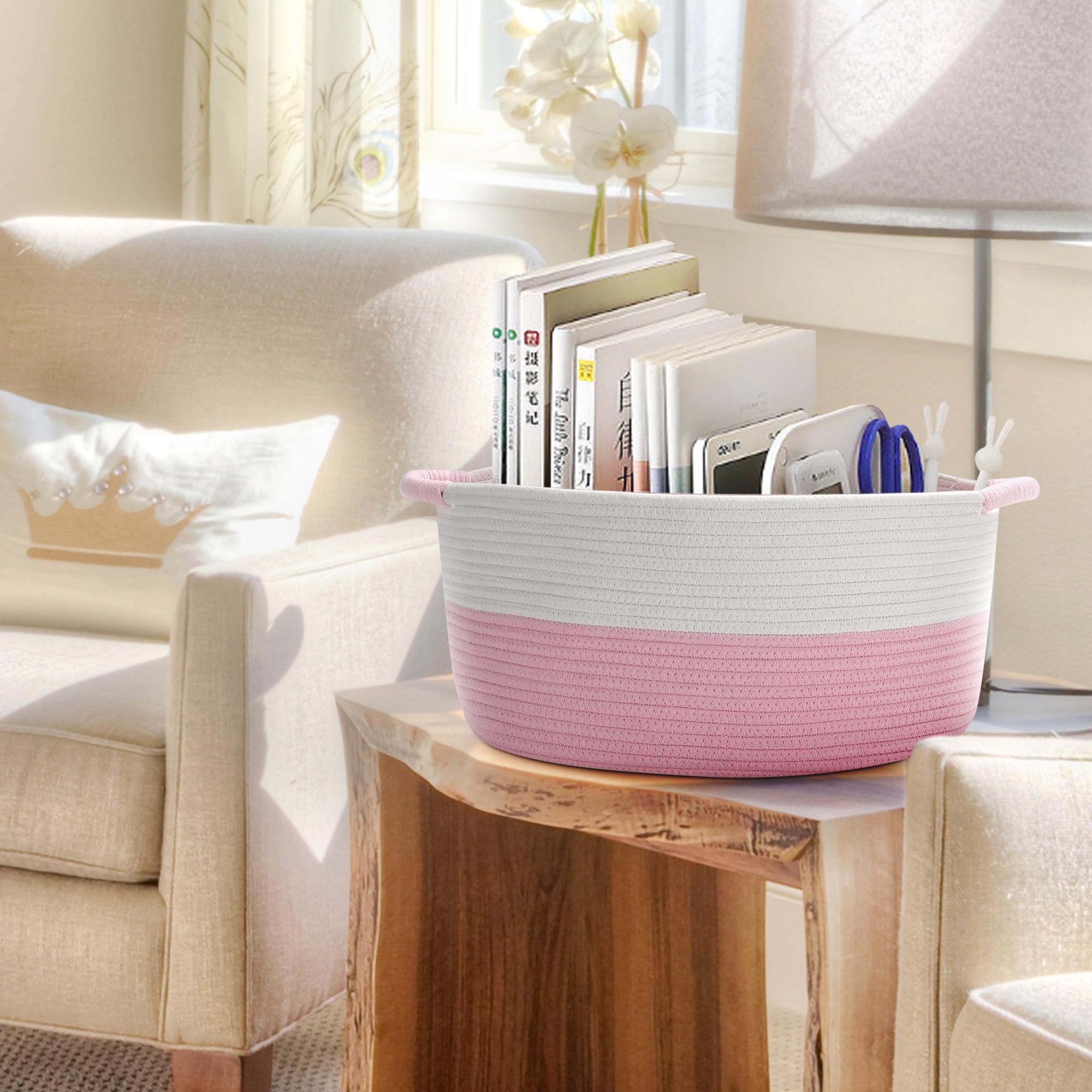 Hifeasts Cotton Rope Storage Basket With Handles, 17 ''L X 12.5'' W X 8.5 ''H, Home Decor Basket, Towel Basket, Book & Magazine