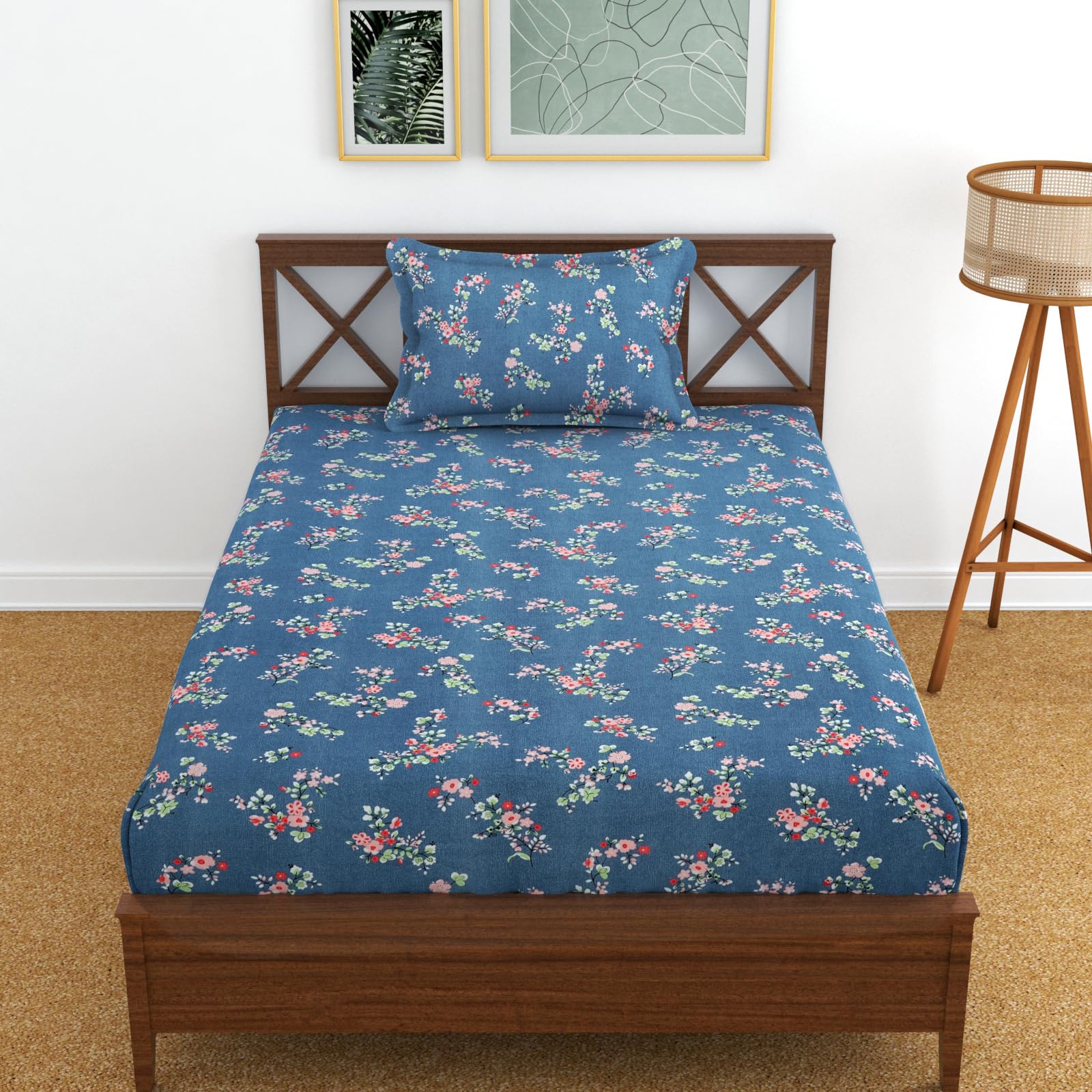 Kawi Single Floral Bedsheet Elastic Fitted Glace Cotton With 1 Pillow Cover(72X 48Xup To 8 Inche Mattress)-Blue Colour,Small Sin