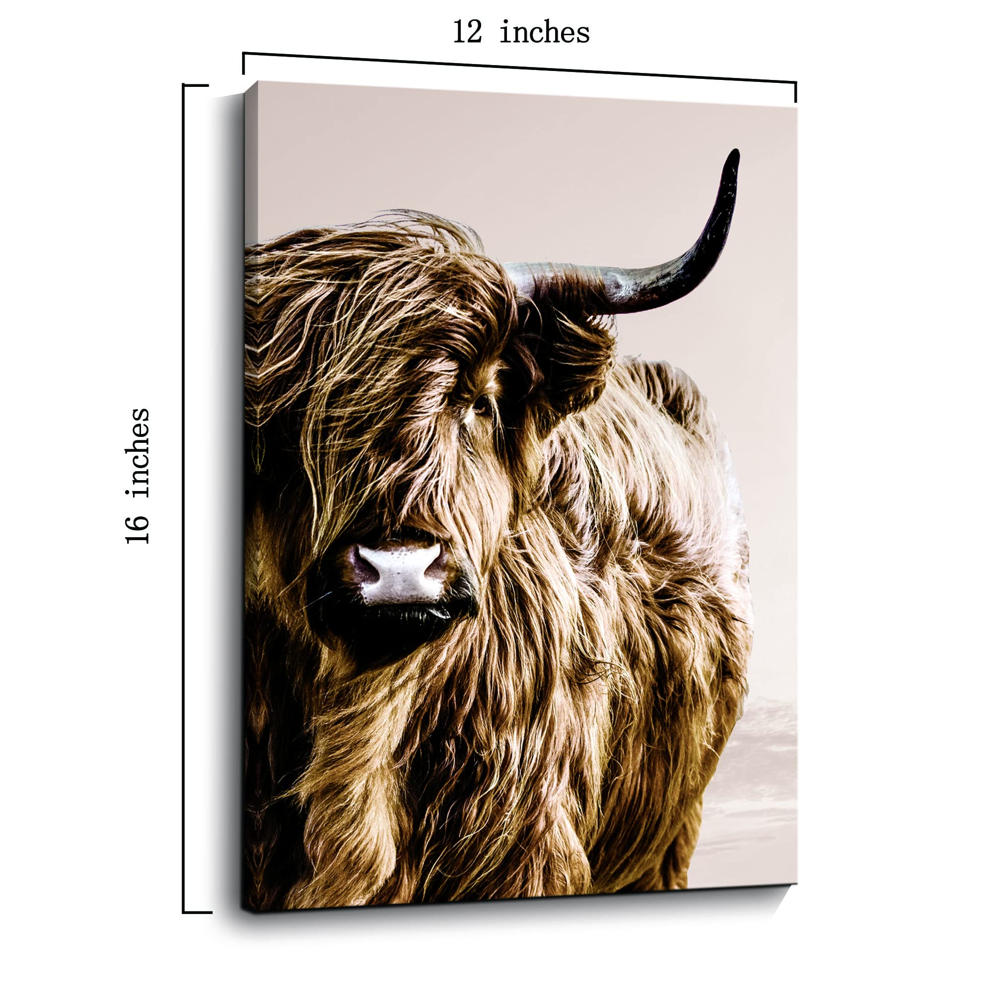 ZNZ Highland Cow Wall Art - Brown Canvas Print, 16L"x12W", Fluffy Cattle Decor for Bedroom, Bathroom, Office, Kitchen