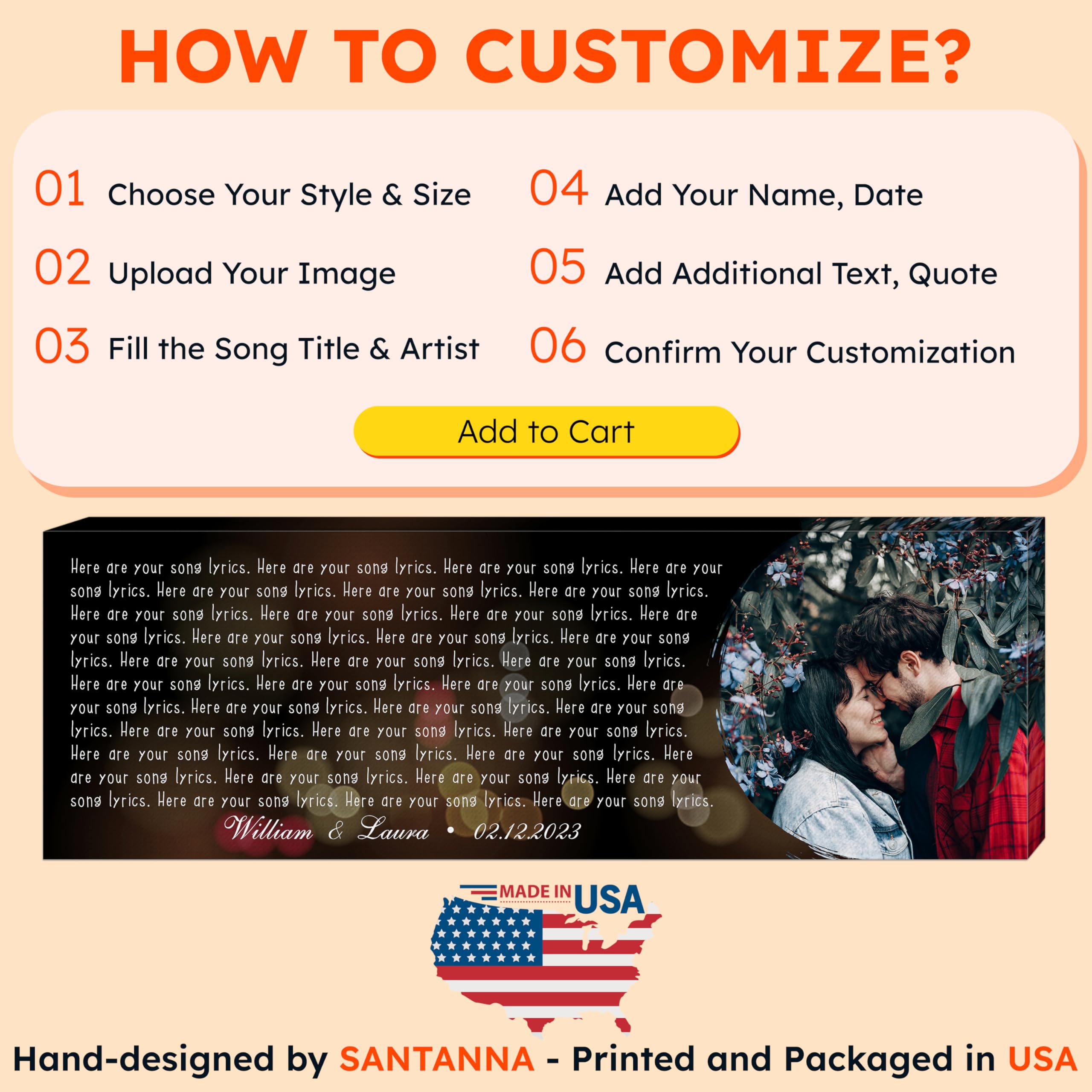Santanna Personalized Anniversary Lyrics Song Prints For African Couple, Customized Love Photo Music Heart Shapes Poster Wall Ar