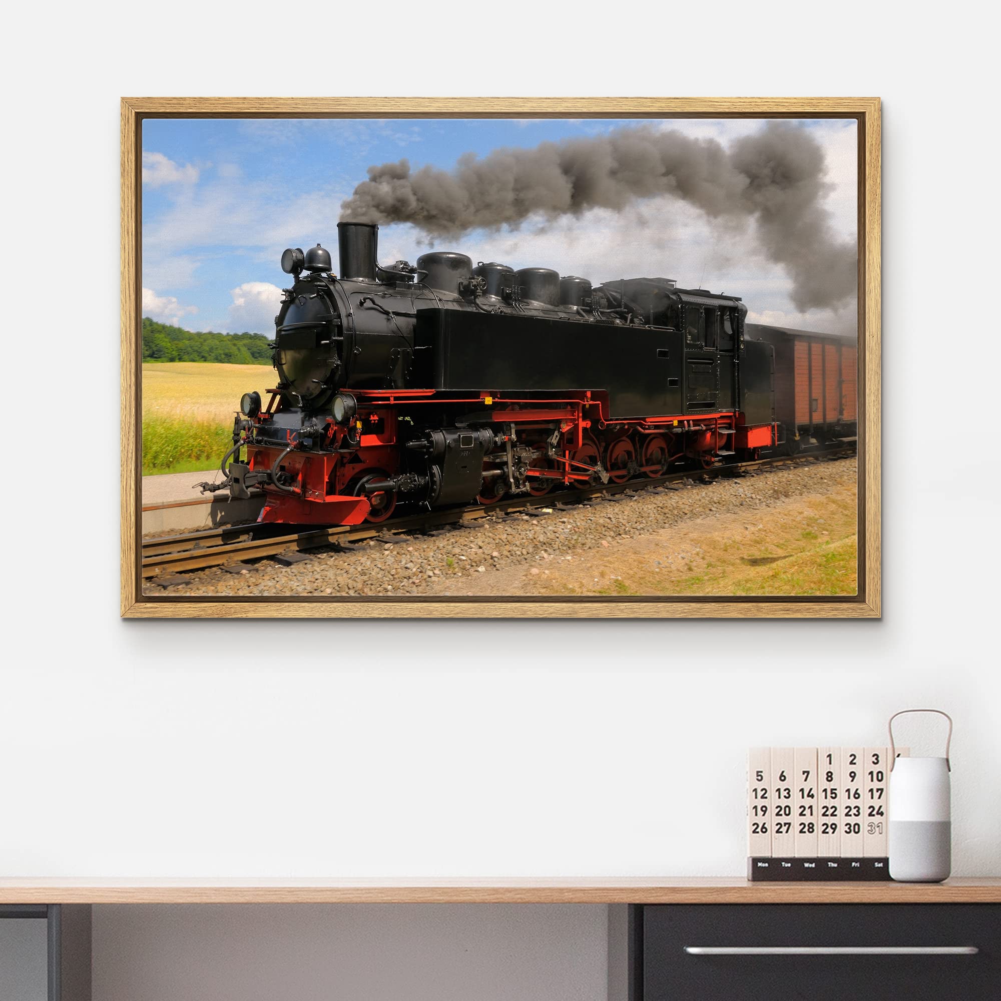 Steam Train With Black Smoke Running On Island Rugen Northern Germany - Framed Canvas Art Wall Art - 24''X36'' Natural