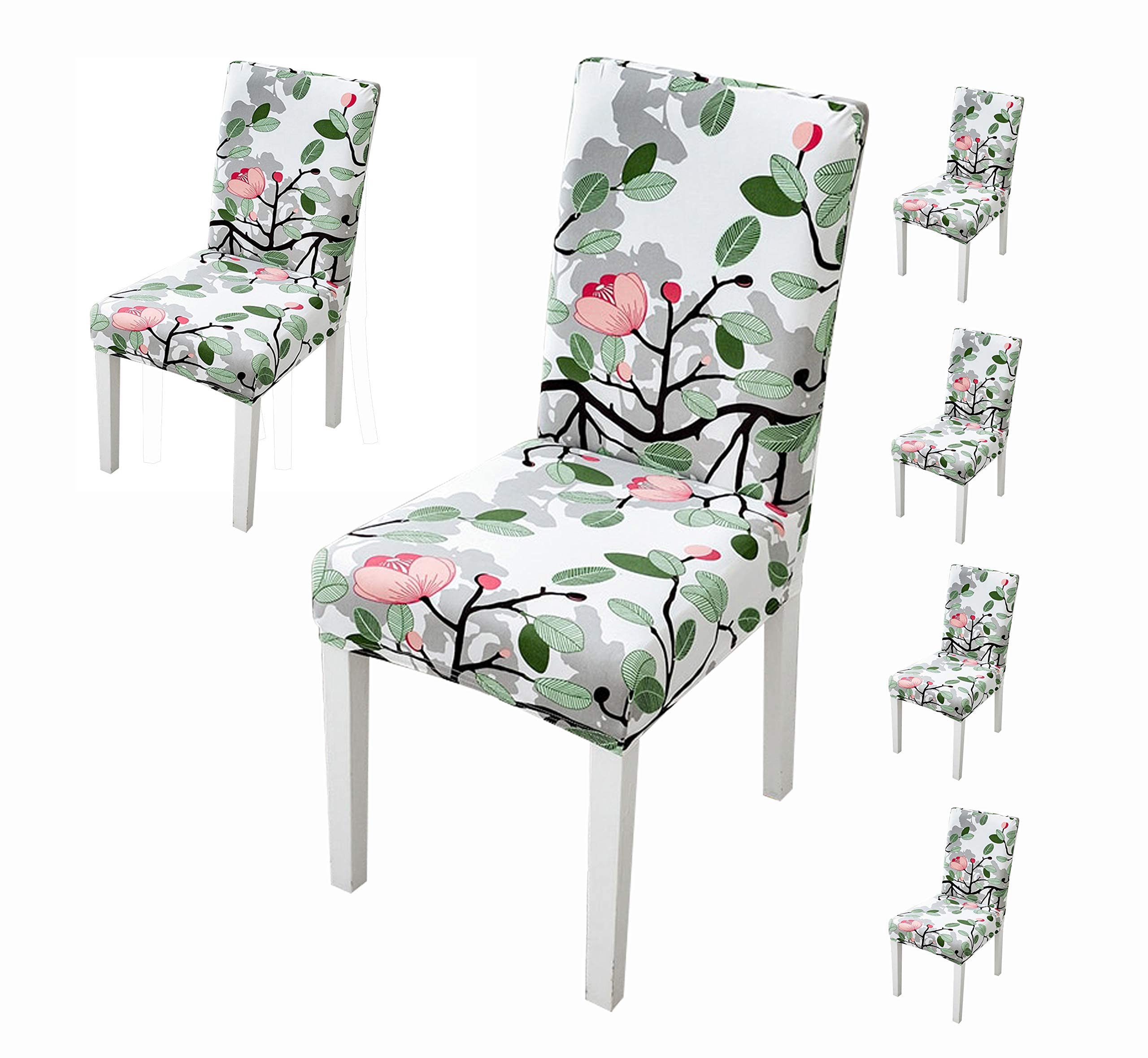 House Of Quirk Polyester Floral Elastic Stretch Removable Washable Short Dining Floral Chair Cover (Leaf Pink) - 6 Chair Cover, 