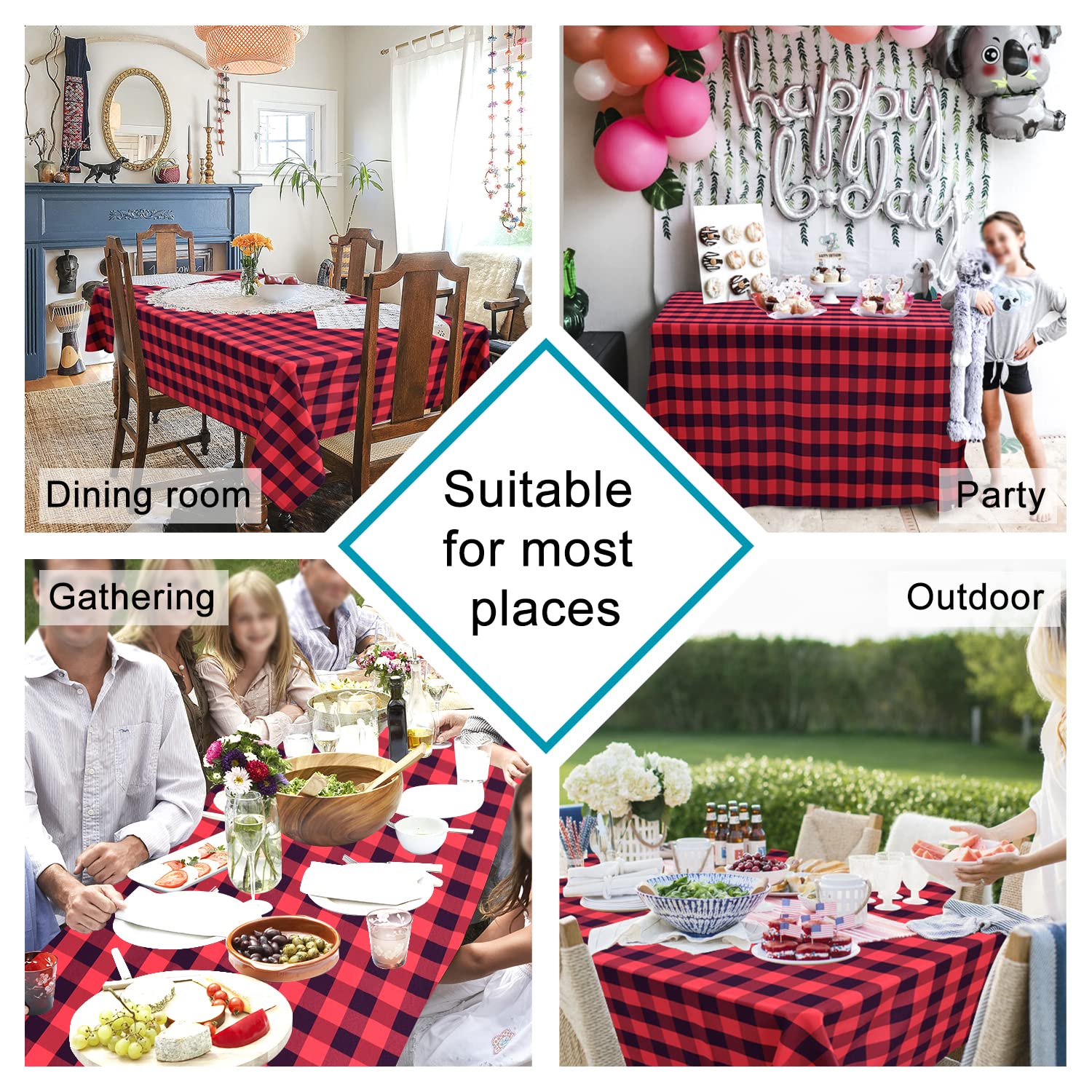 Hiasan Christmas Red And Black Plaid Tablecloth Waterproof, 2 Pack, 60 X 102 Inch - Checkered Table Cloth Rectangle For Party/Di