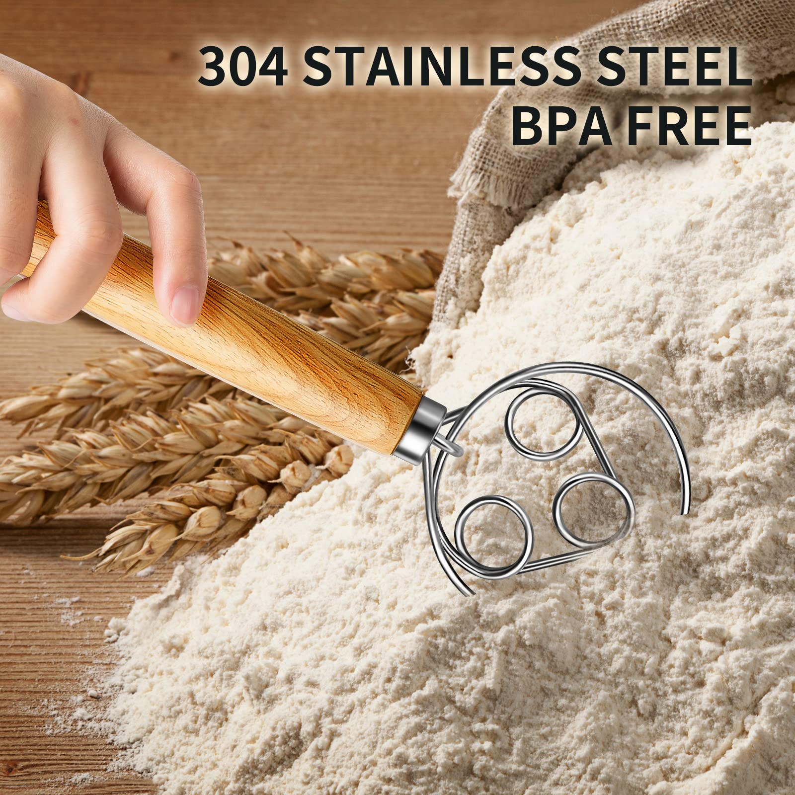 Teevea Danish Dough Whisk Stainless Steel Hook Dutch Style Bread Dough Hand Mixer Wooden Handle For Sourdough Making Baking Whis