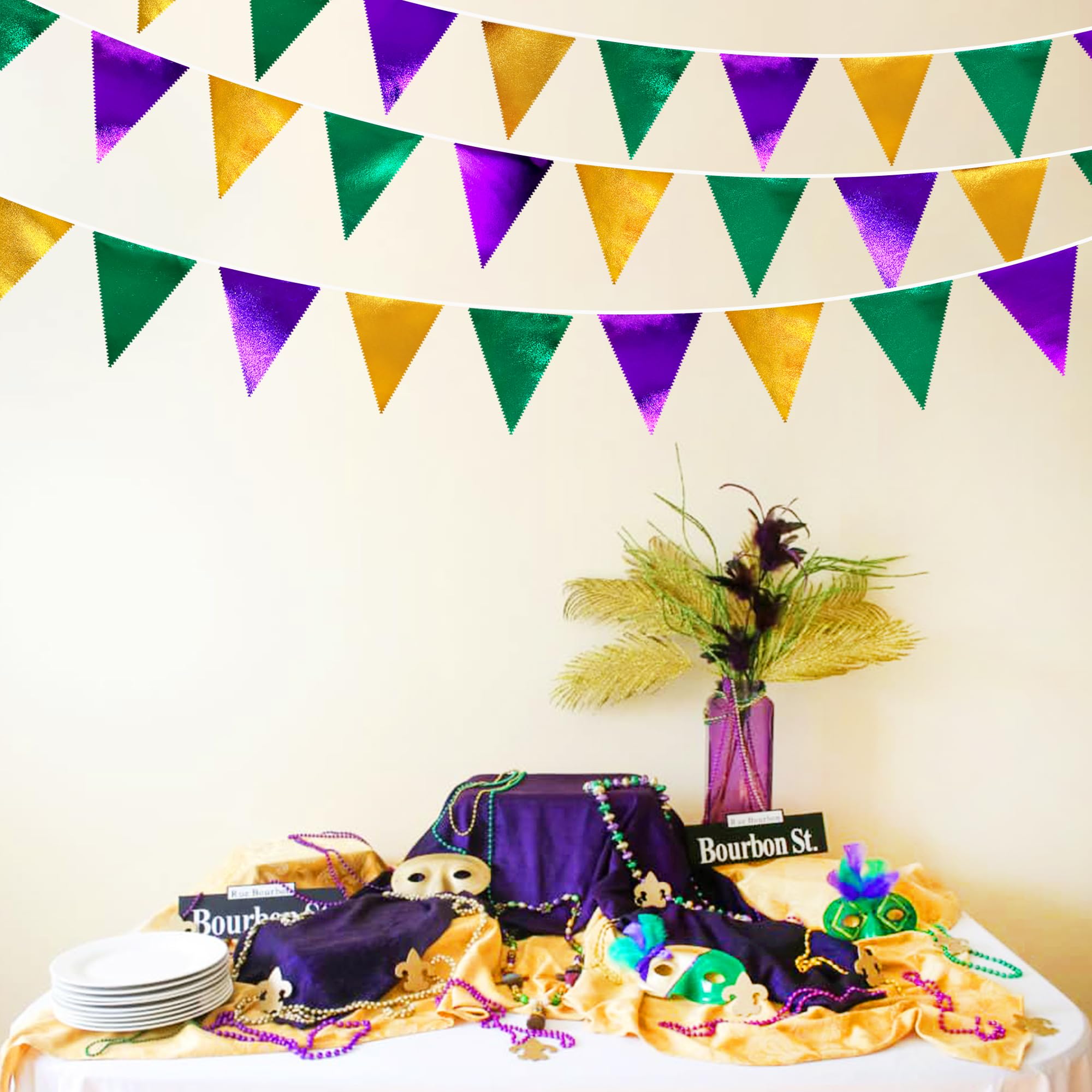 Mardi Gras Party Decorations Purple Green And Gold Metallic Fabric Triangle Pennant Banner Flag Hanging Bunting Garland For Birt