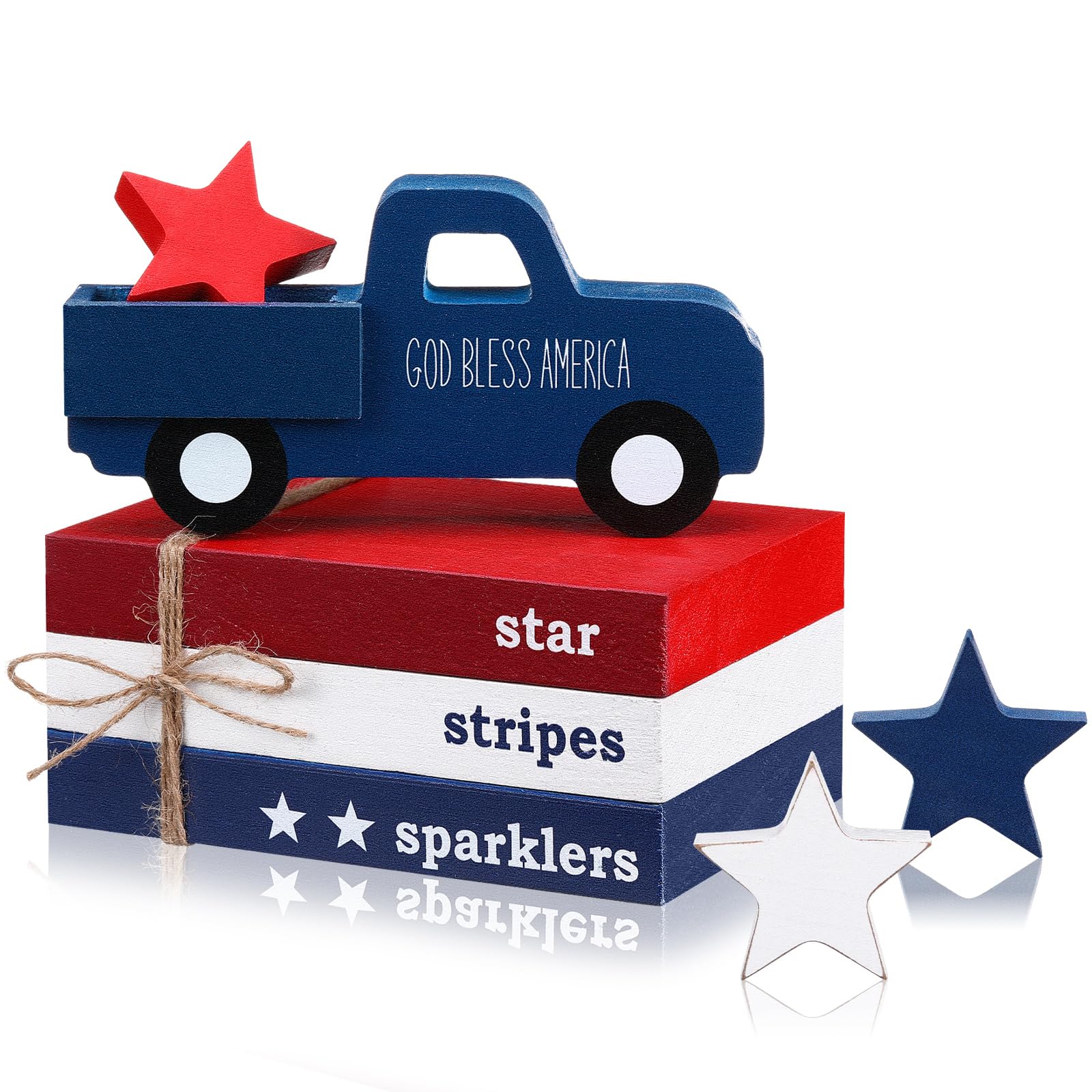 DoubleFill 7 Pcs 4th of July Table Decoration Patriotic Memorial Day Table Centerpiece Red White Blue Tiered Tray Decor Wooden F