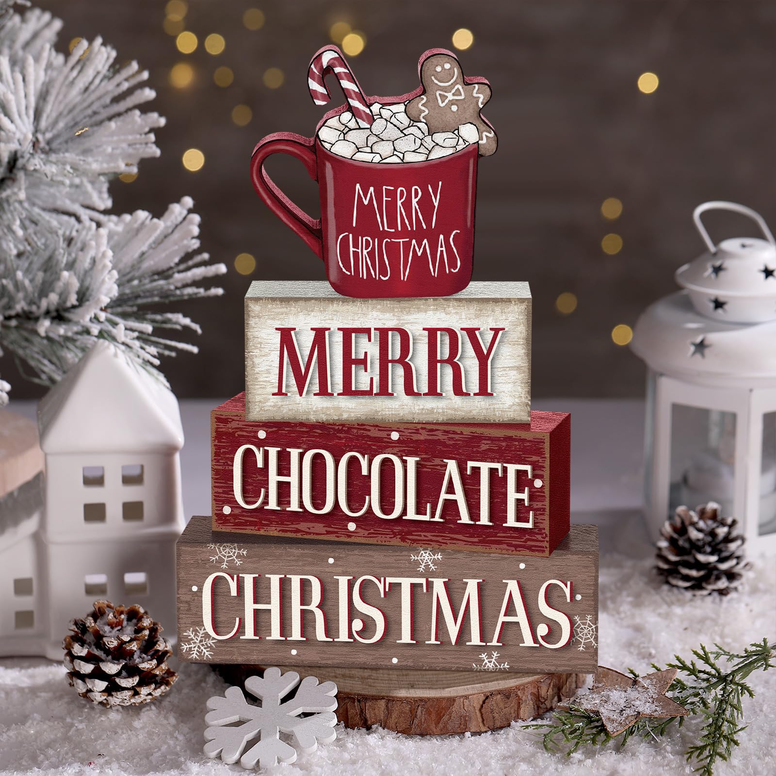 Yousoontic 4 Pcs Christmas Wooden Table Decorations Hot Cocoa Gingerbread Rustic Block Signs Centerpiece Tiered Tray Decor Xmas