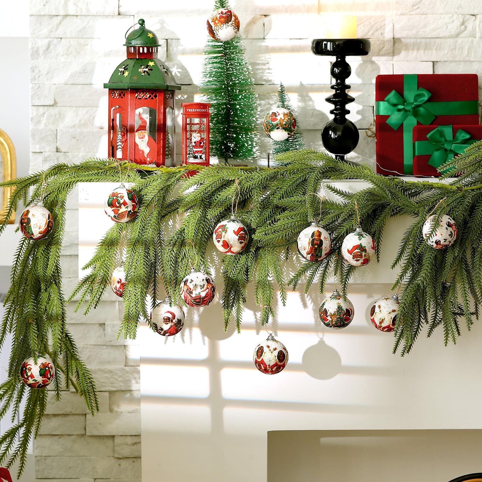 Outus 16 Pcs Santa Claus Black Ball Ornaments for Tree African American Christmas Hanging Ornaments Santa Claus Black Christmas