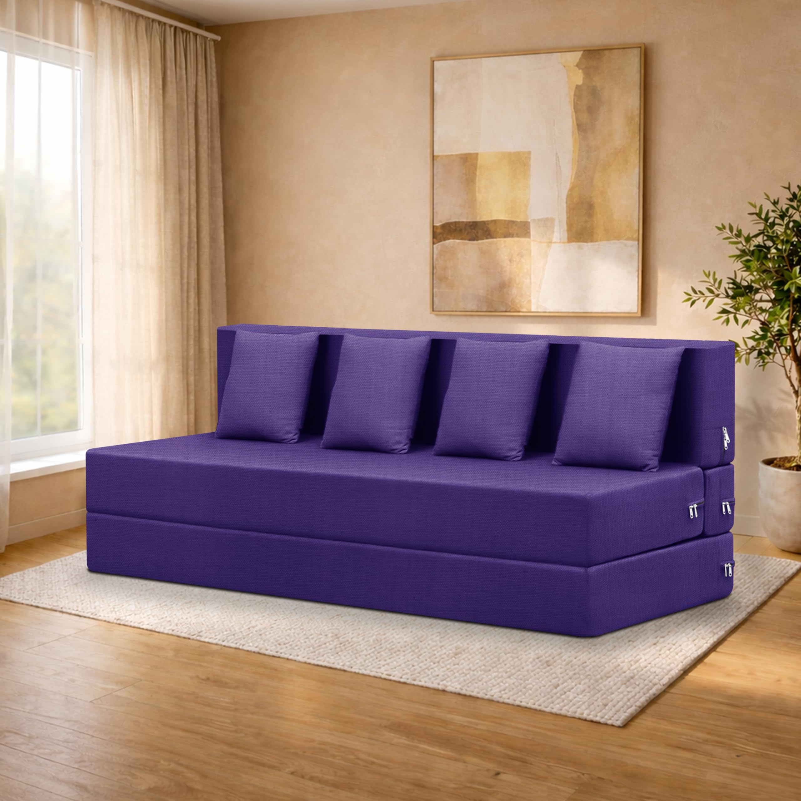 Deco Studio FourSeater Sofa Cum Bed Foldable Sofa Cum Bed Washable & Zipper |Jute Finish Fabric  Purple | 6 X 6 Feet