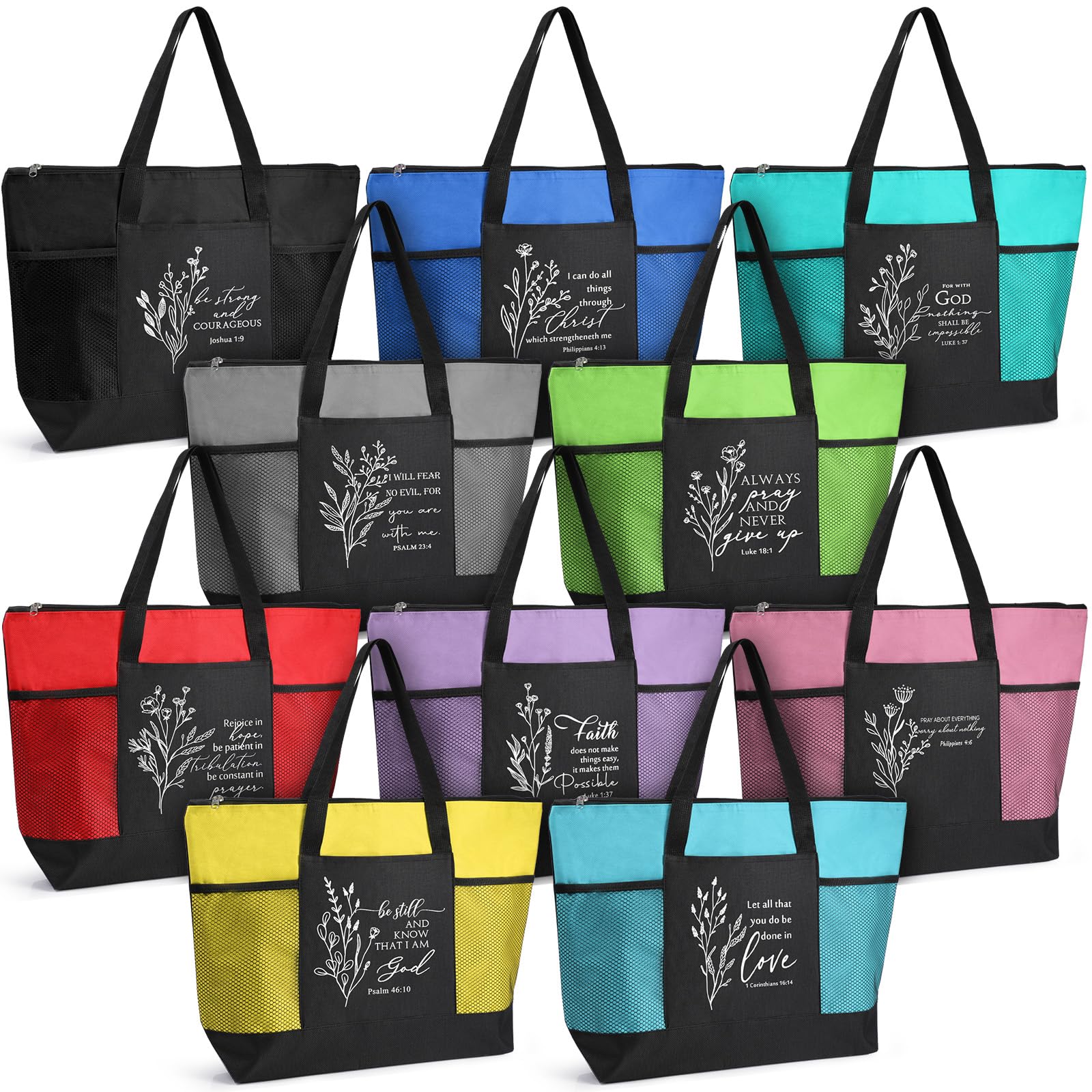 Paterr 10 Pcs Christian Tote Bags Bulk with Pocket Zipper for Women Religious Gifts Bags for Church Bible Study(Colorful,Boho)