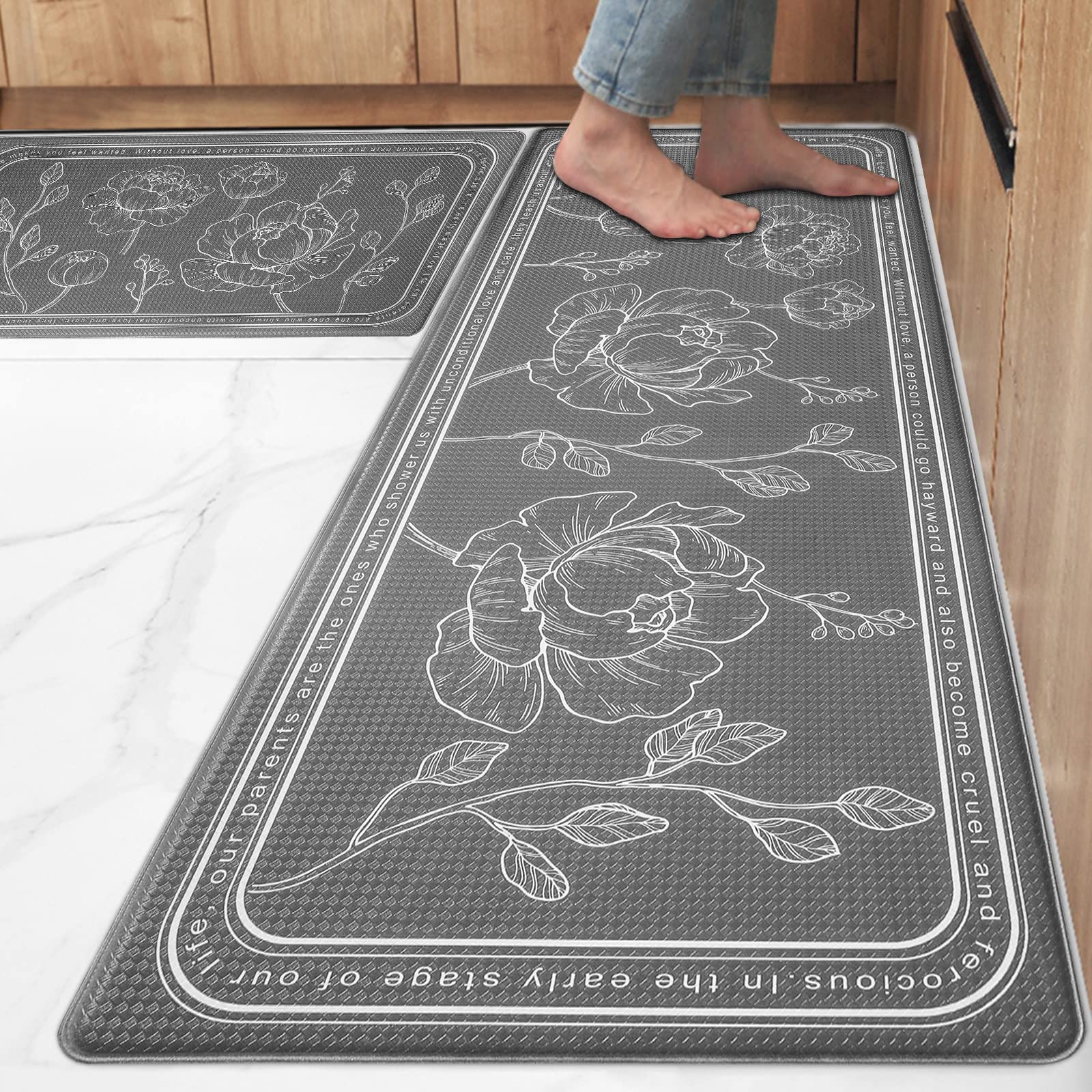 Rottogoon Kitchen Floor Mat Set Of 2, Cushioned Anti Fatigue Mat 17''X47''+17''X29'', Non-Slip Waterproof Rug, Premium Pvc Comfo
