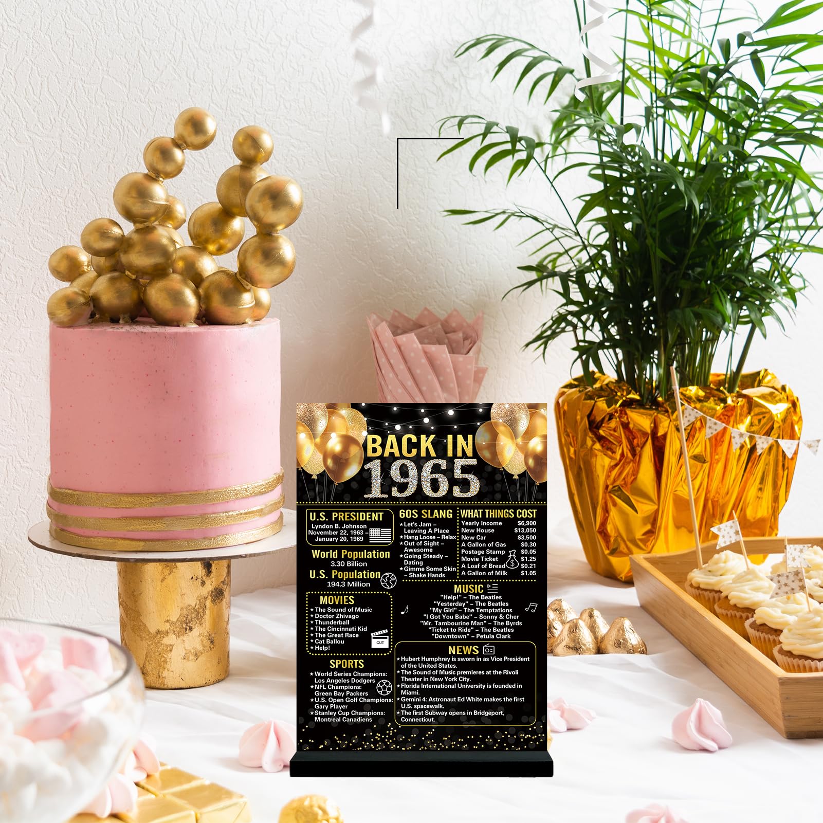 Trgowaul 60Th Birthday Decorations Women Men, Black Gold Back In 1965 Birthday Poster Acrylic Table Sign With Stand, 60Th Annive
