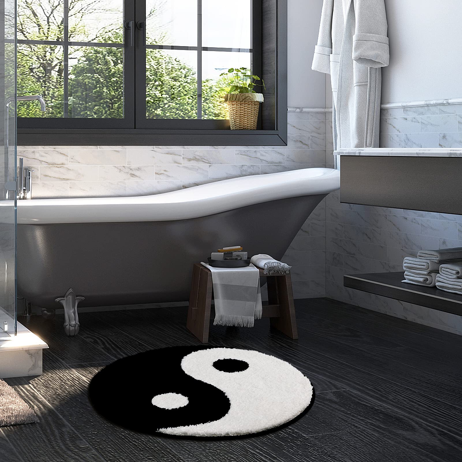 TRUEDAYS Yin Yang Bath Mat for Bathroom Floor  Circle Black and White Anti Slip Bath Rug  Round Ultra Soft and Fluffy Machine Washable Bathroom Rugs