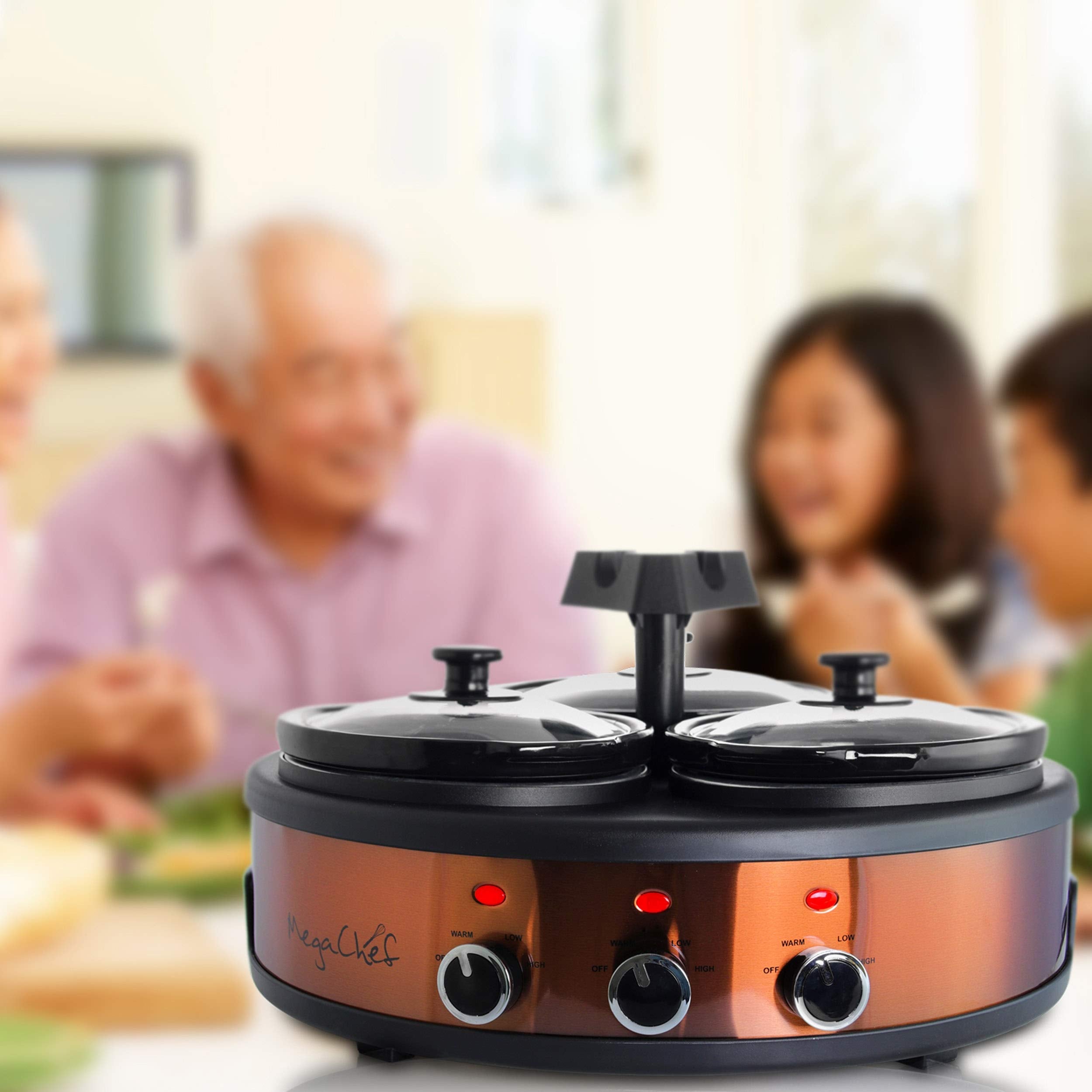 Megachef Round Triple 1.5 Quart Slow Cooker And Buffet Server In Brushed Copper And Black Finish With 3 Ceramic Cooking Pots And
