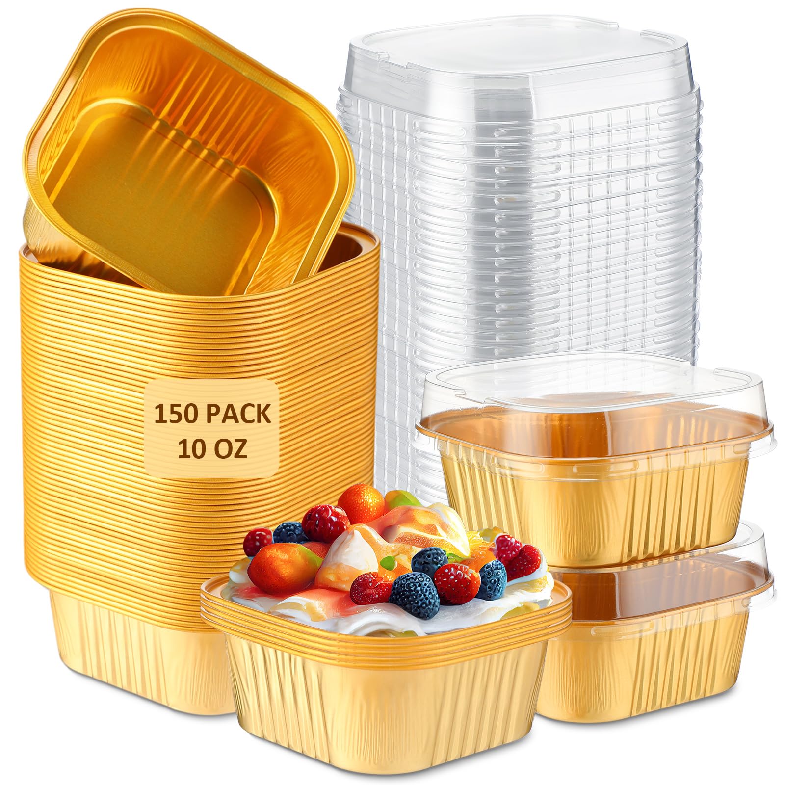 Aoriher 150 Pcs 10 oz Mini Cake Pans with Lids Gold