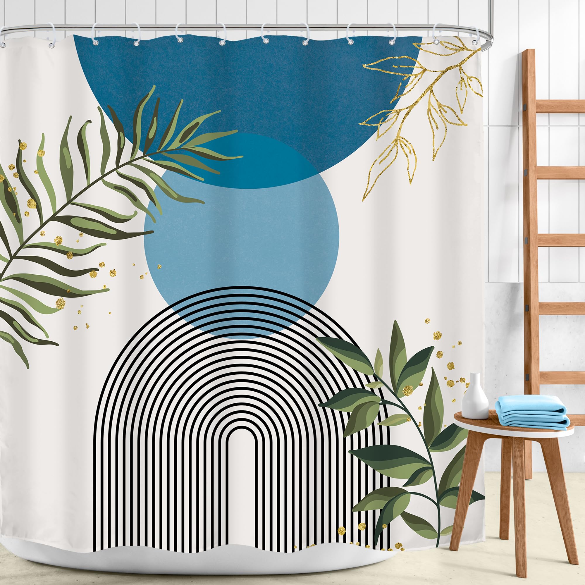 Mitpok Blue Boho Modern Shower Curtain 72Wx72H Mid Century Abstract Gold Green Leaves Sun Arch Minimalist Geometric Aesthetic Pl