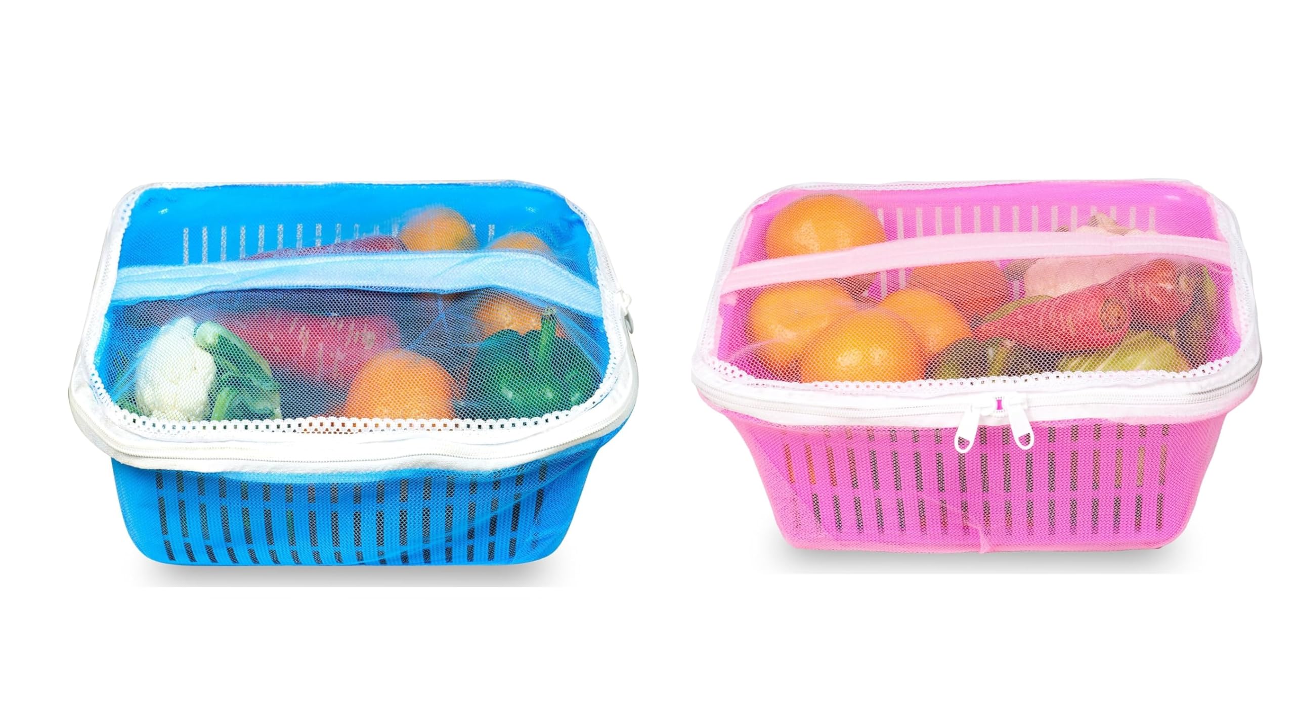VELLURA Squre Shape Fruit Basket for Storage Vegetable with Net Cover Stylish Fruits Basket for Kitchen (BLUE+PINK)