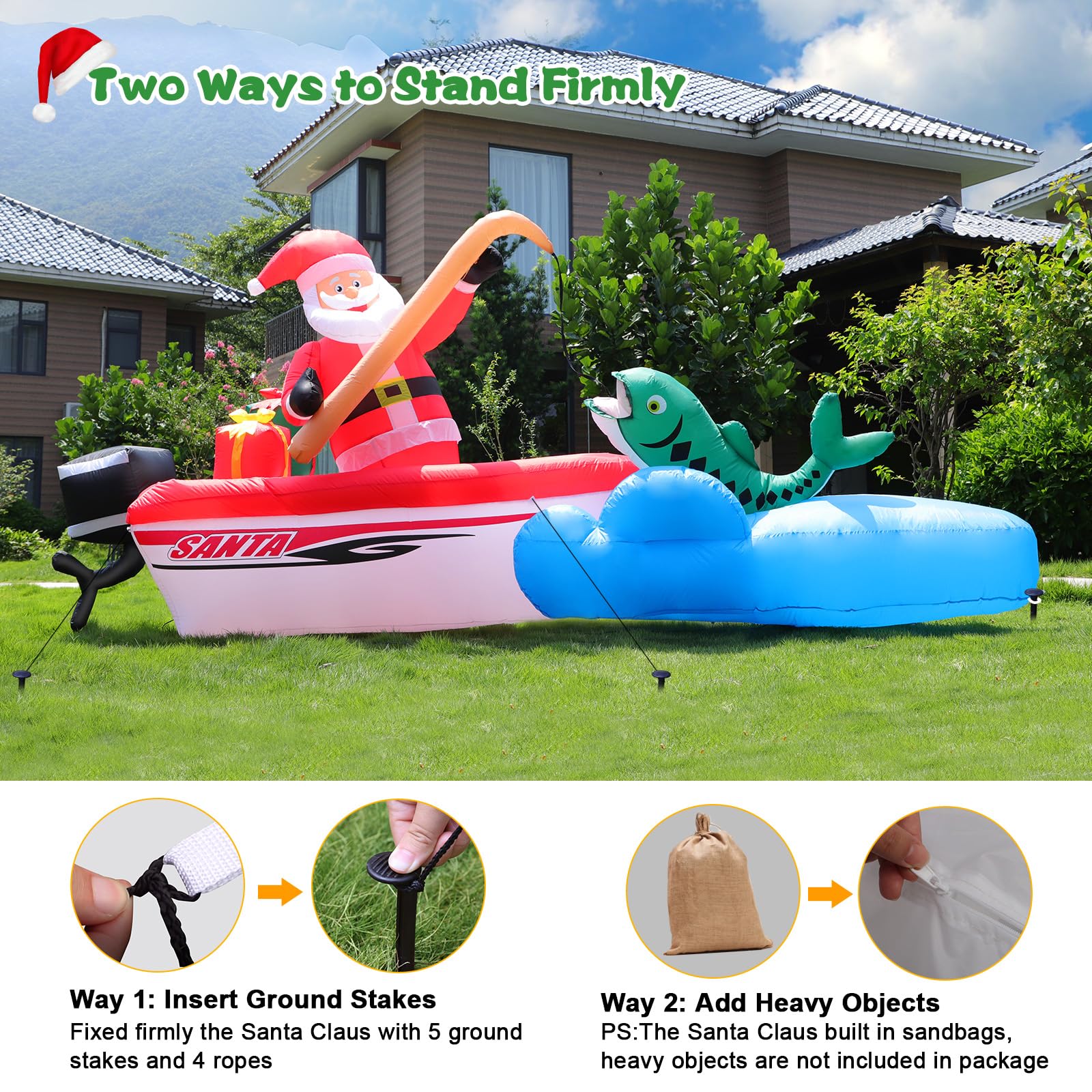 FunFanso 11FT Christmas Inflatable Santa Claus Fishing on The Boat, Blow up Outdoor Decorations with Built-in Bright LED Lights,