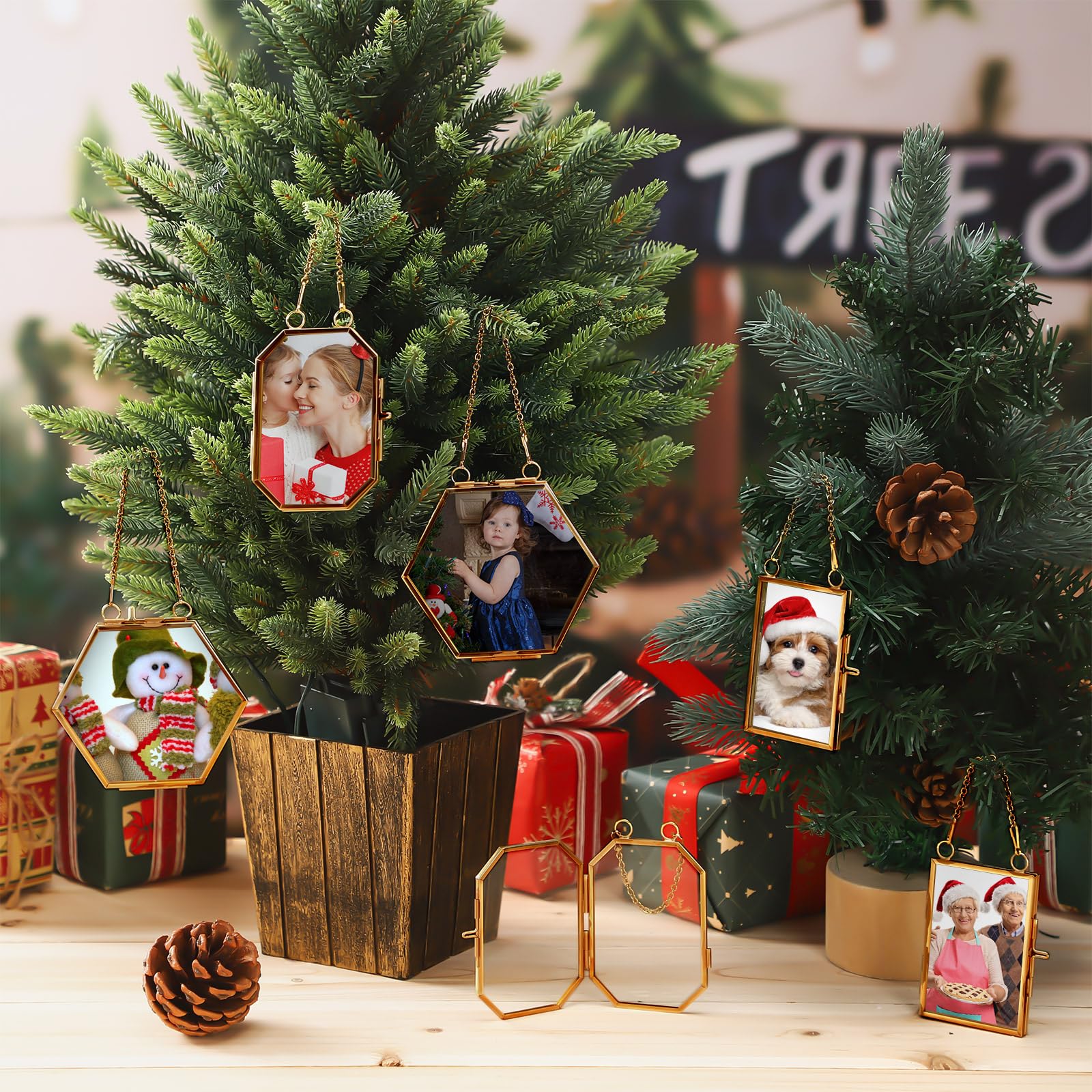Qunclay 6 Pcs 2x3 4x3.4 2.7x3.5 Christmas Brass Picture Frame Ornaments Xmas Metal Double Glass Hanging Photo Frame with Metal C