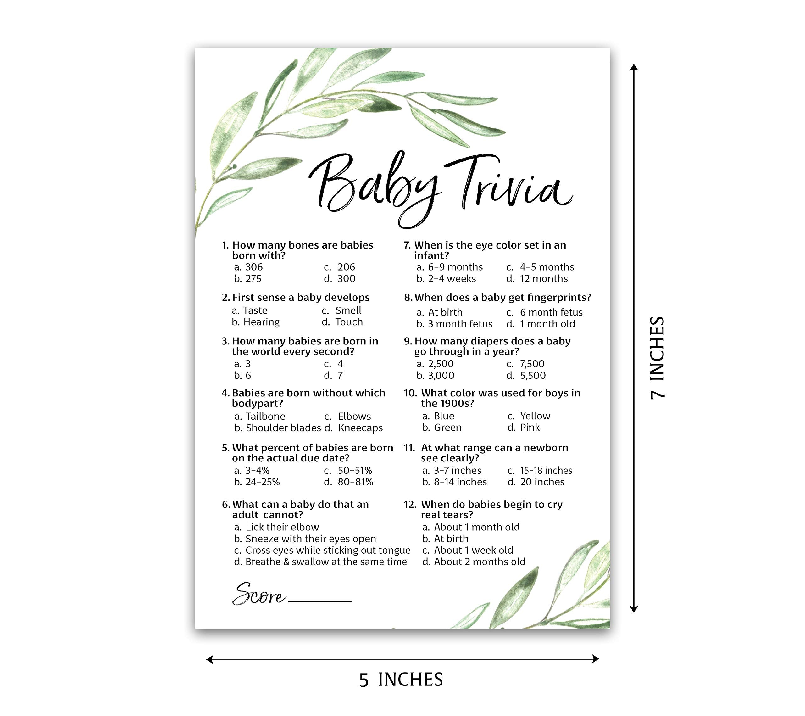 Greenery Baby Shower Game - Baby Trivia Games - Pack Of 25 - Fun Baby Facts Games, Floral, Green, Olive Branch Baby Shower Activ