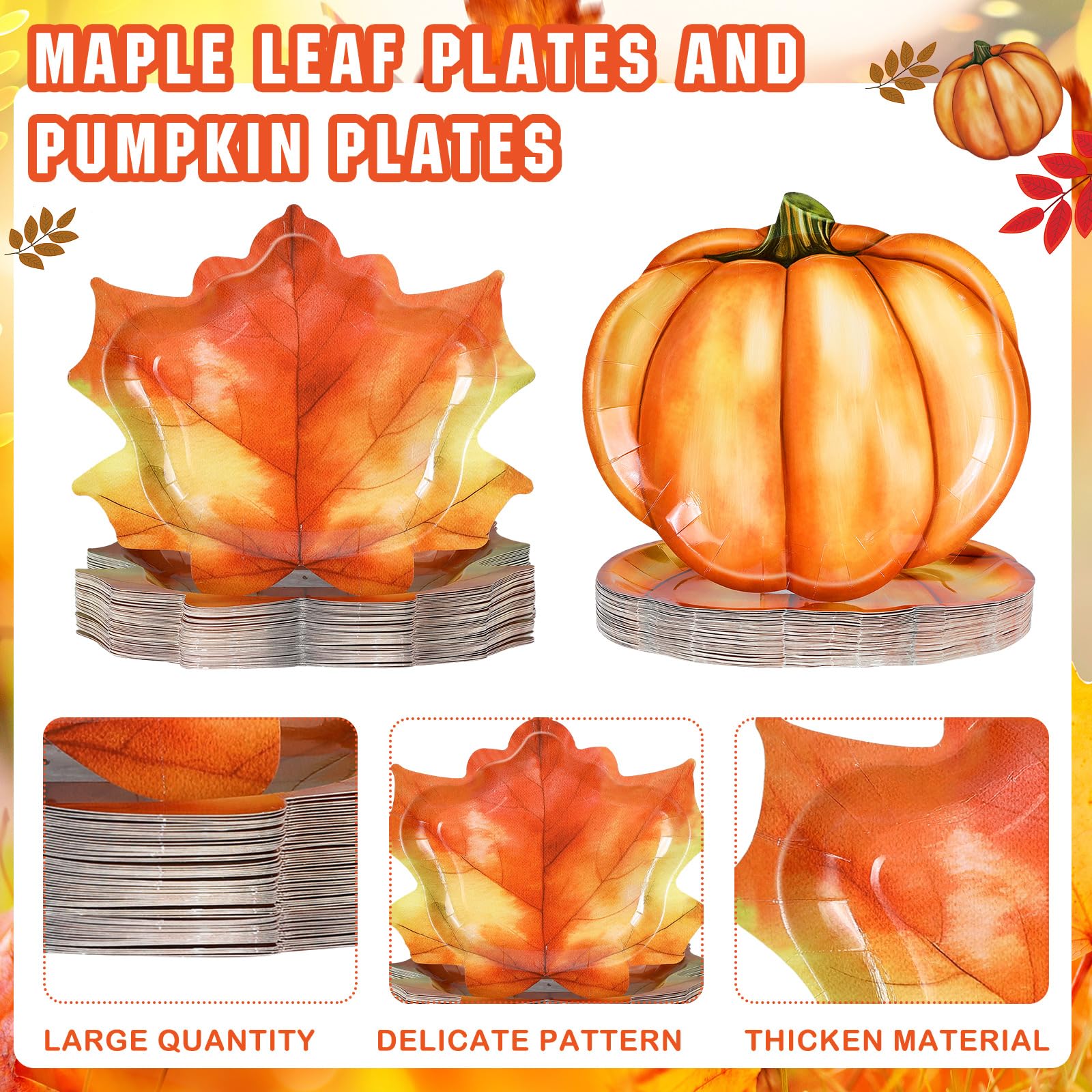 Fourluoo 96 Pcs Thanksgiving Paper Plates Disposable Fall Maple Leaf Pumpkin Shaped Plates Disposable Tableware for Autumn Harve