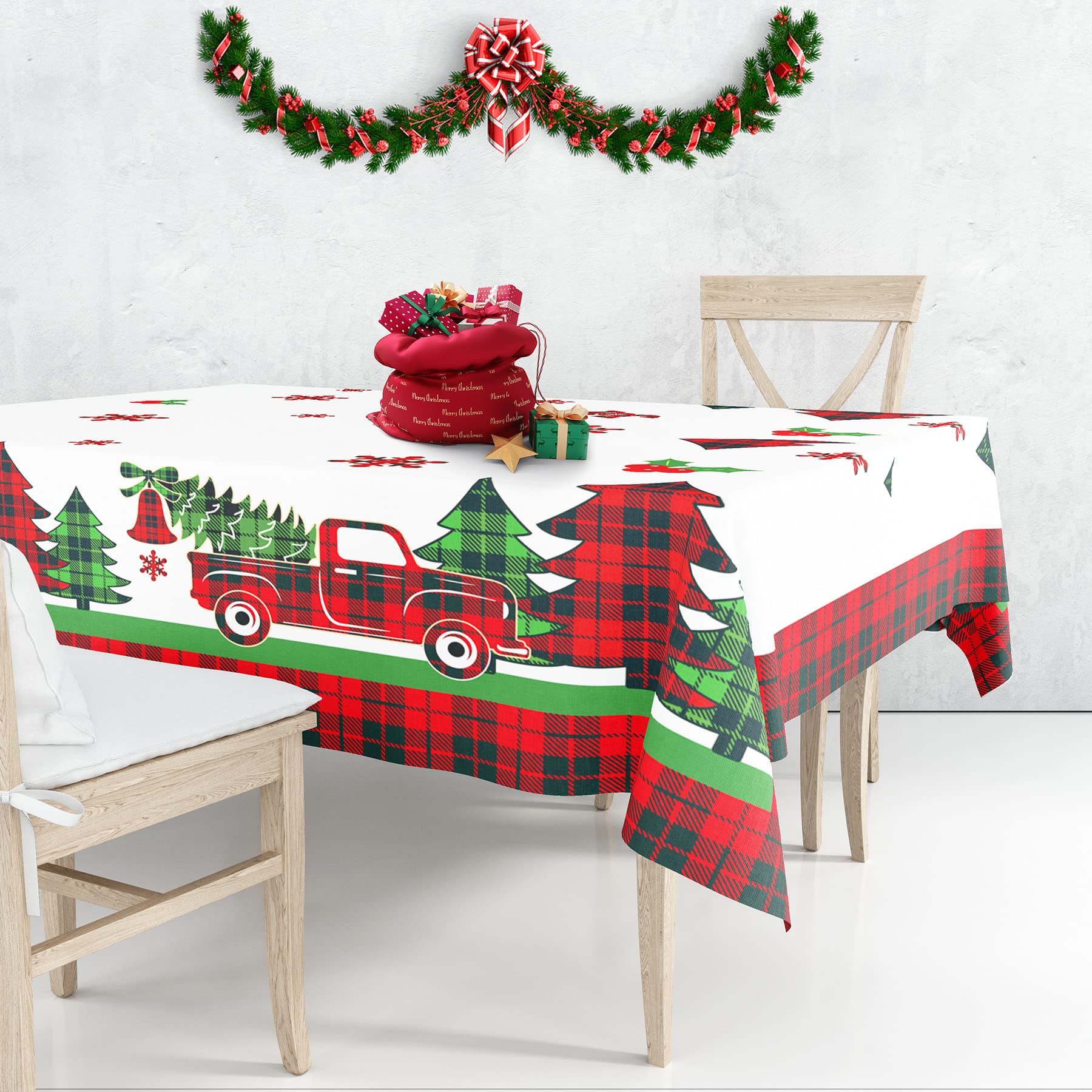 Pinkblume 4.3X9Ft Christmas Tablecloth Rectangle Buffalo Plaid Xmas Tree Red Truck Joy Merry Christmas Sign Reindeer Snowflake H