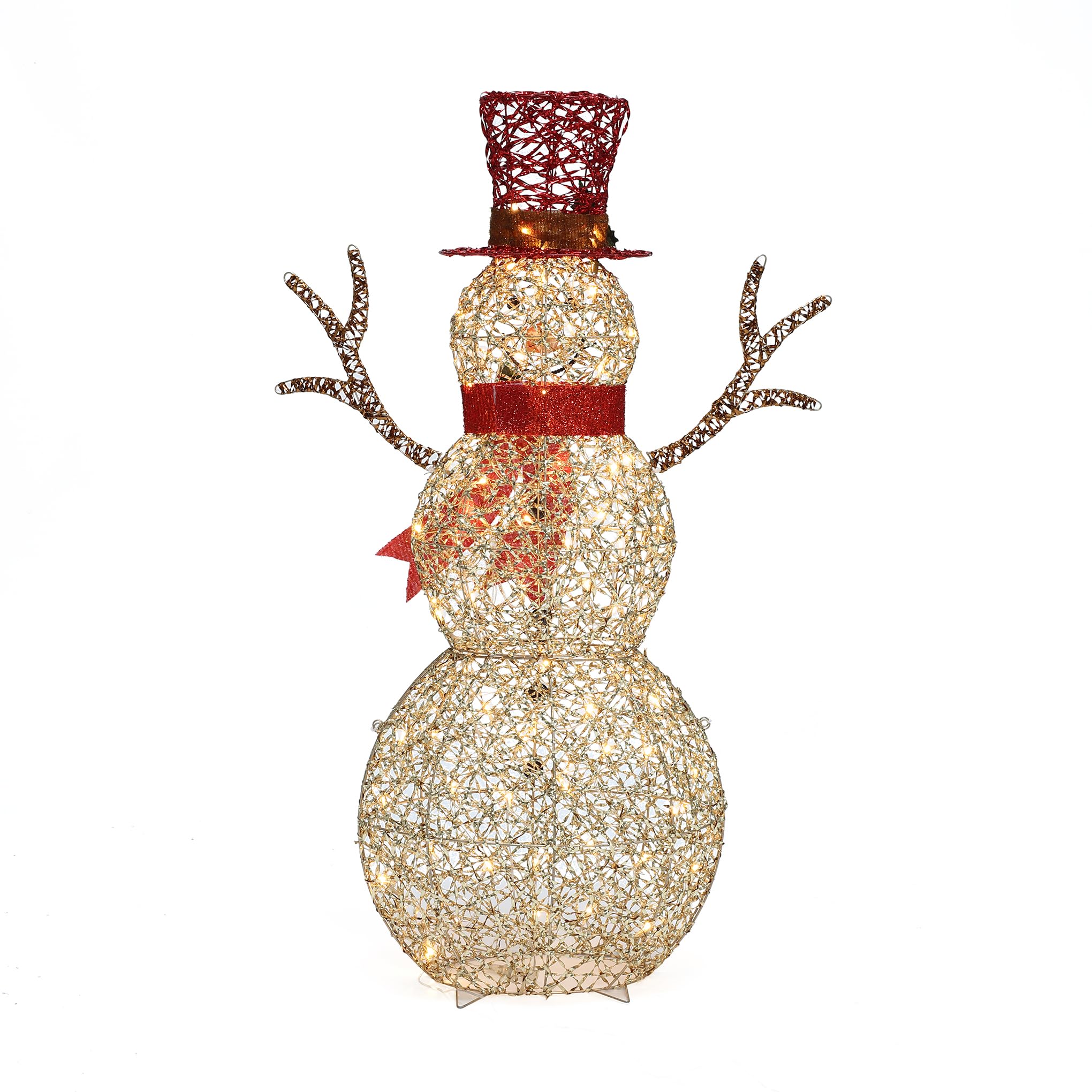 LuxenHome 4FT Lighted Snowman Outdoor Christmas Decorations, Gold Light Up Snowman Christmas Decor with 70 LED Light, Red Scarf