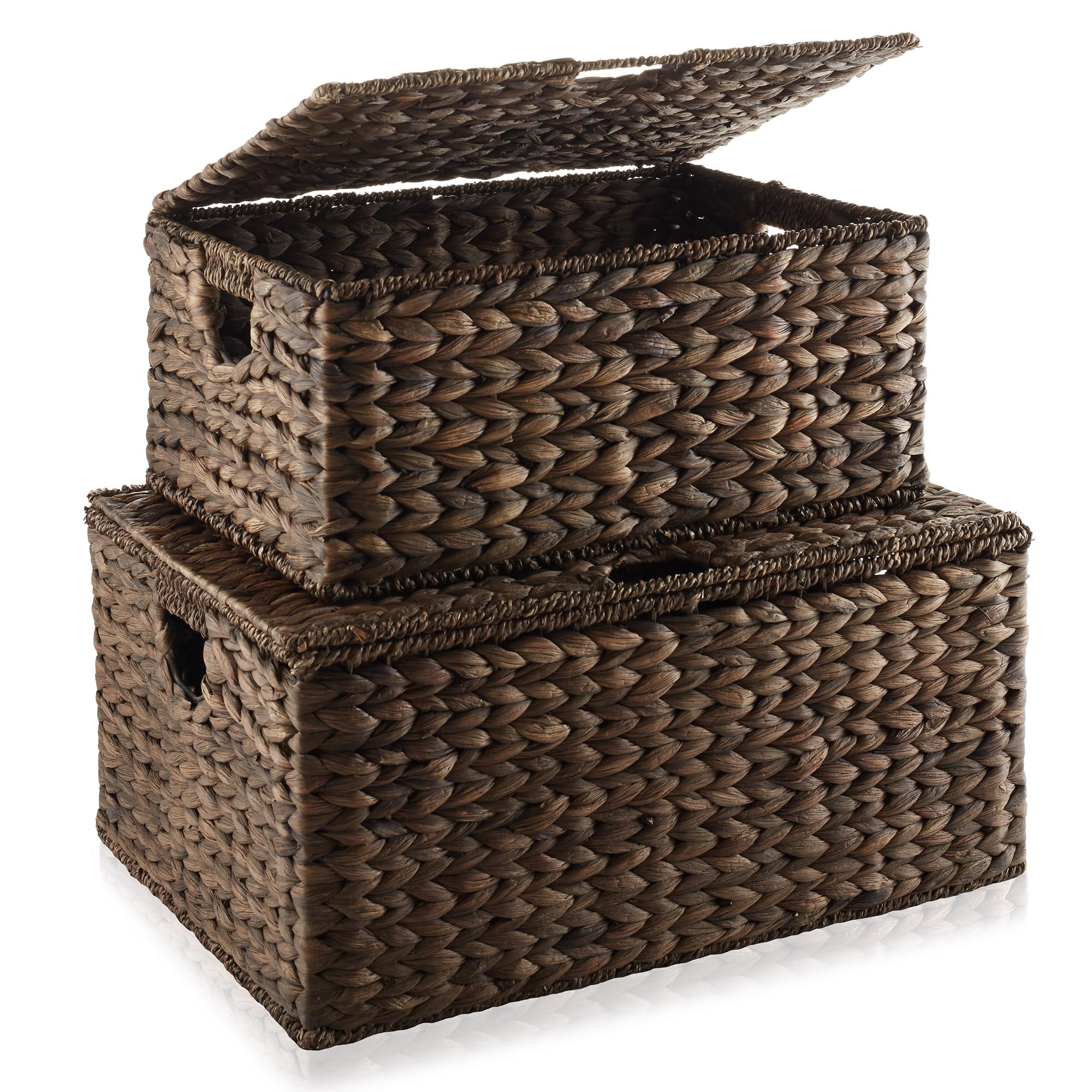 Casafield Set Of 2 Water Hyacinth Rectangular Storage Baskets With Lids (Medium/Large), Multipurpose Decorative Shelf Organizati