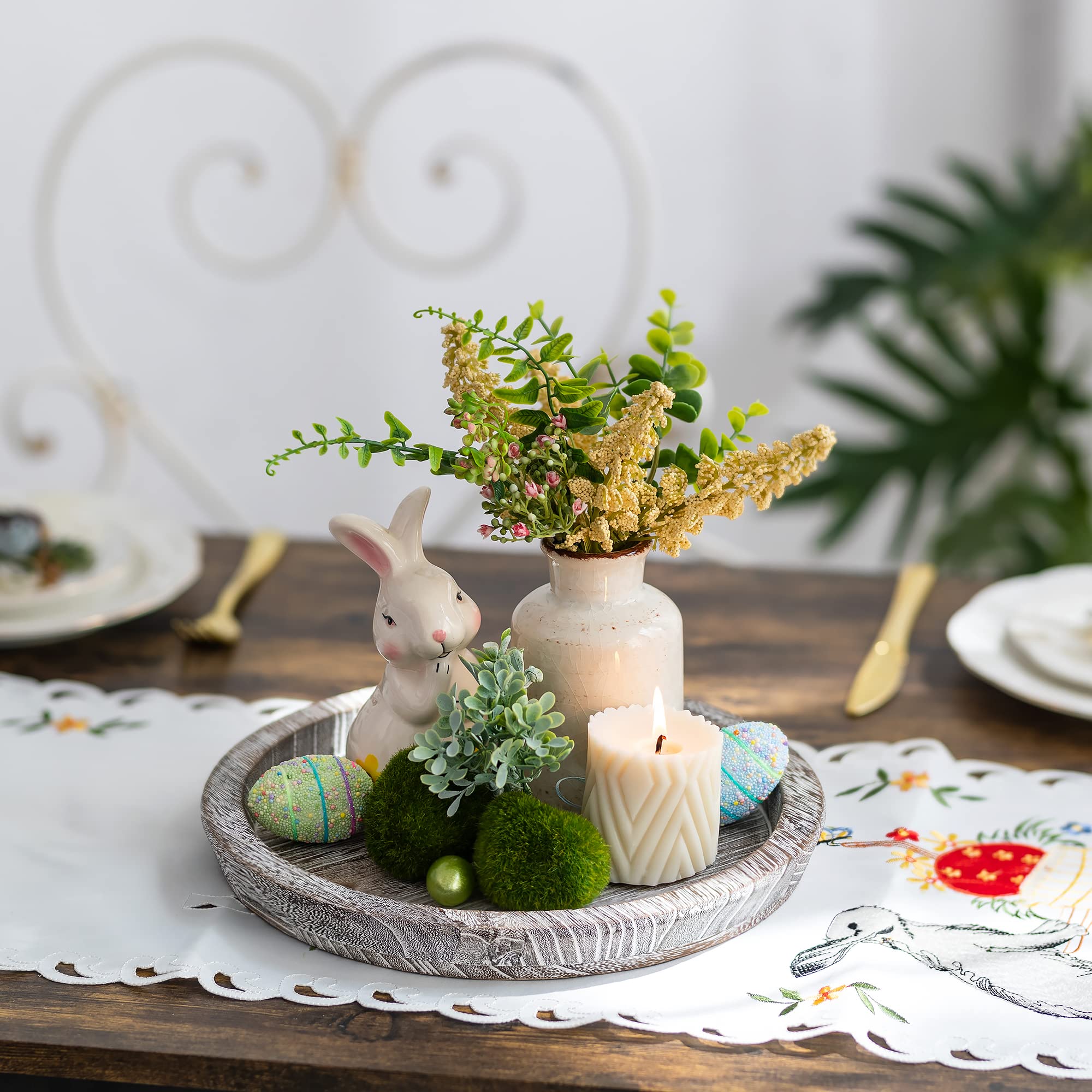 Hanobe Whitewash Wooden Round Serving Tray - Farmhouse Decor For Coffee Table, Kitchen Counter
