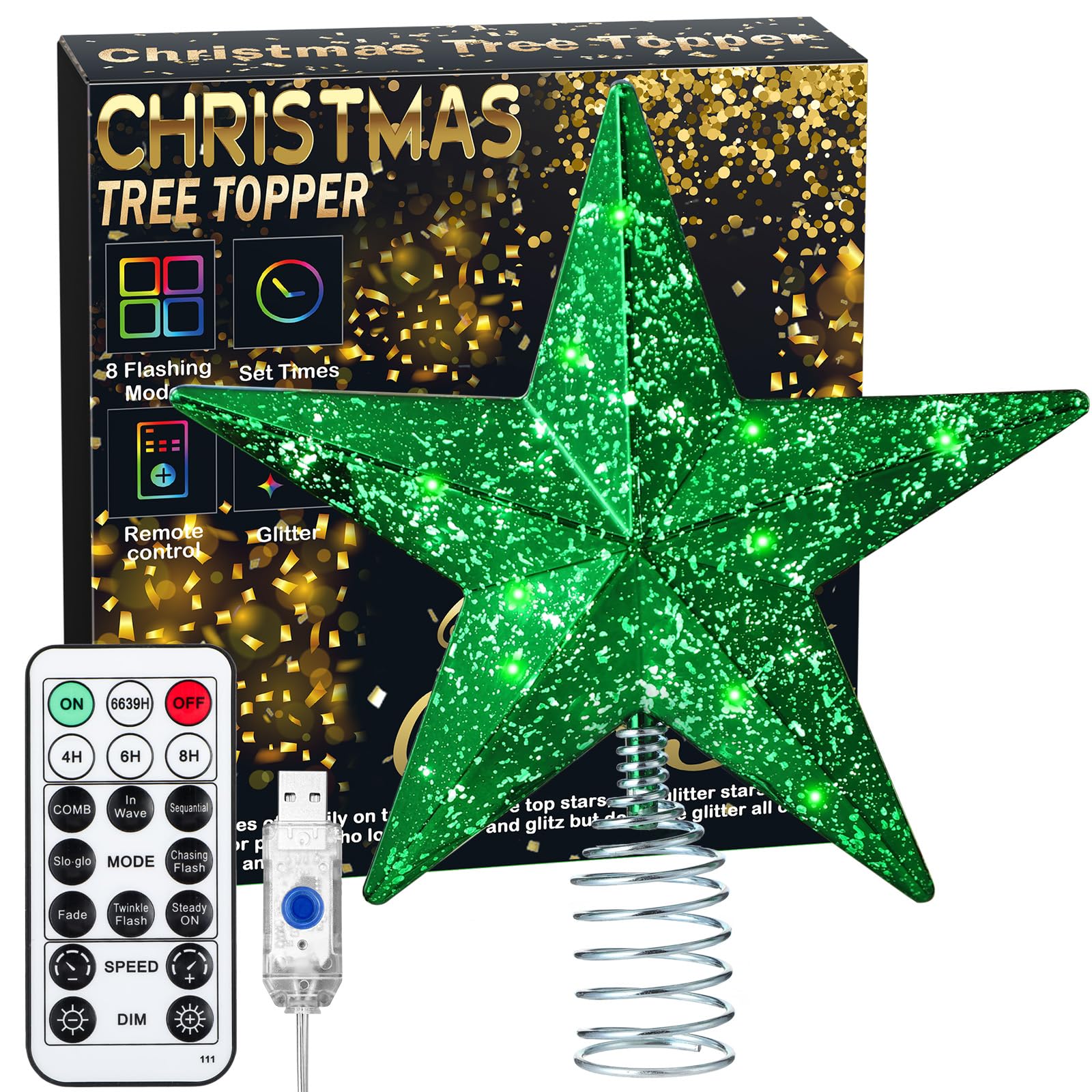 Green Christmas Tree Star Topper with Lights, 8.5-Inch Light-Up Christmas Tree Topper with Remote Control, 4 Brightness Levels &