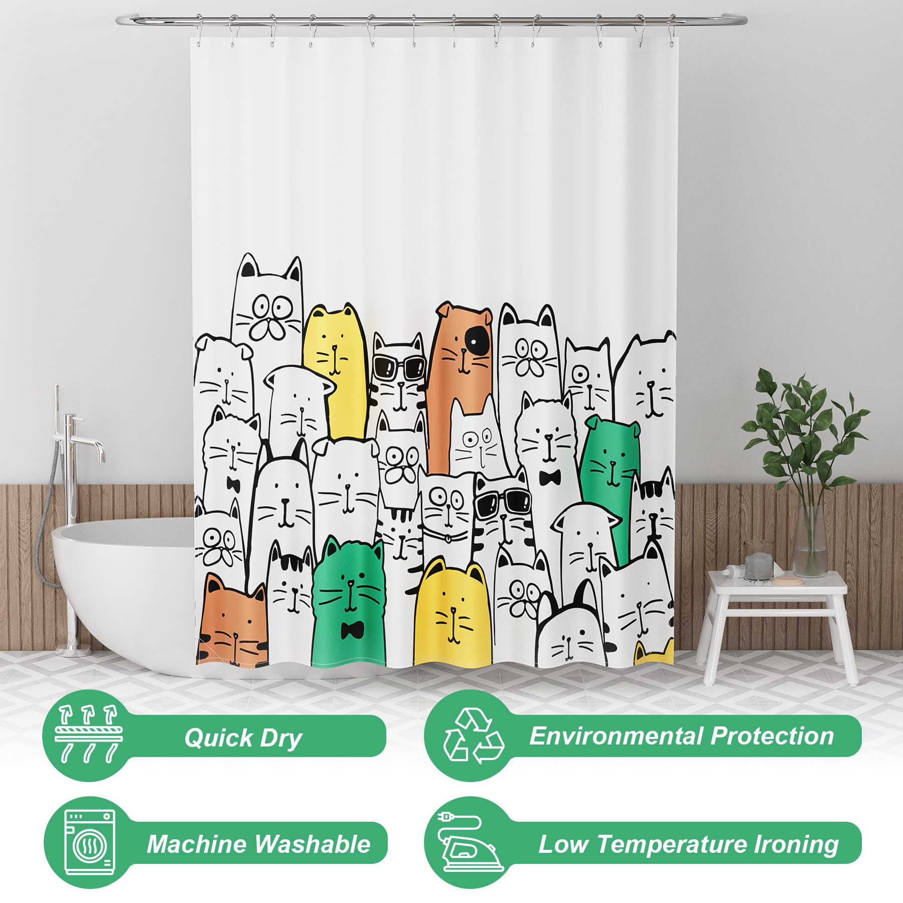 Amazerbath Shower Curtain, Washable Cute Kitty Carnival Cloth Shower Curtain Set With 12 Metal Hooks, Kawaii Waterproof Fabric B