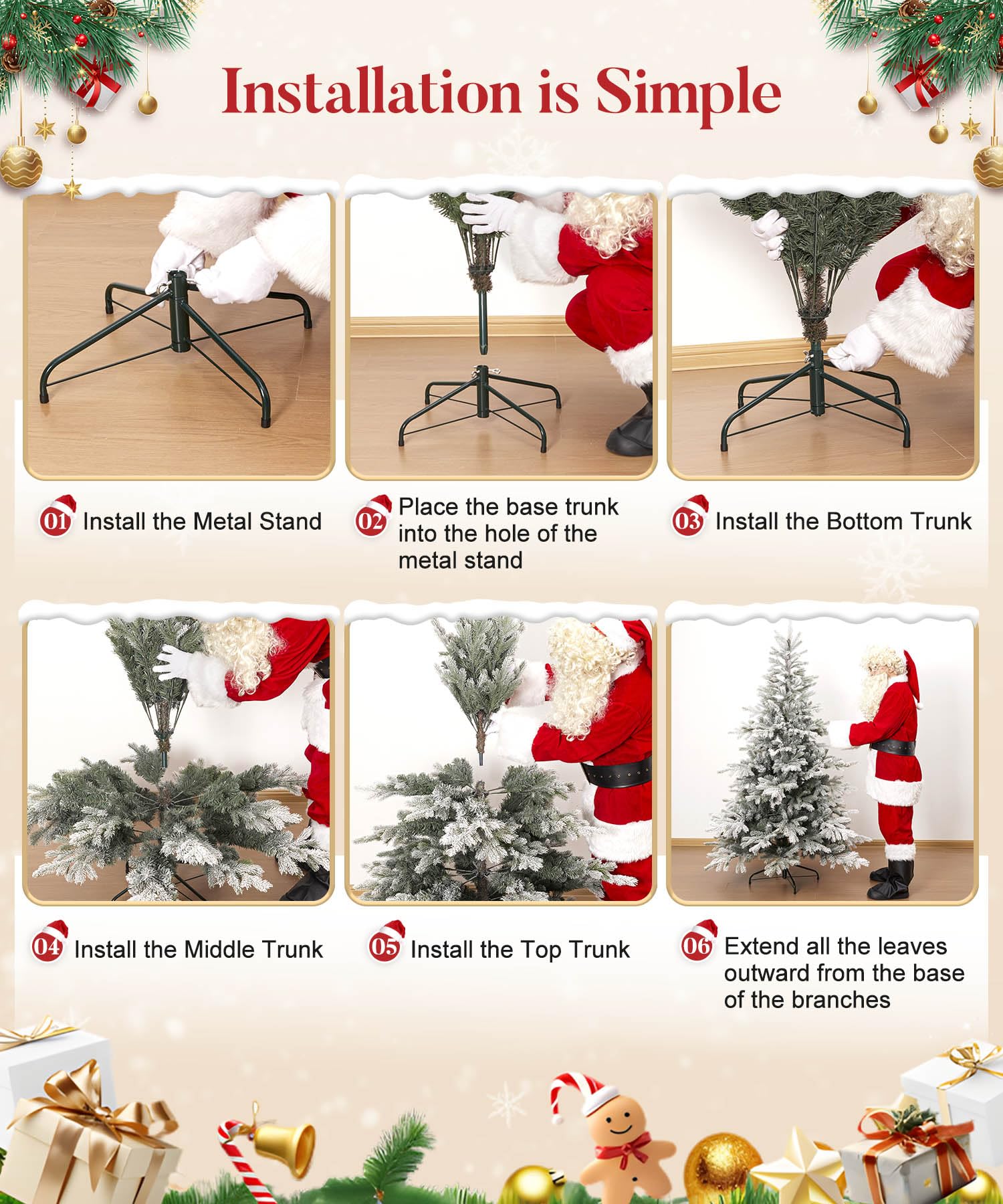 Decoway 6ft Artificial Christmas Tree, Unlit Snow Flocked Xmas Tree with 1571 Branch Tips and Sturdy Metal Stand for Indoor Outd