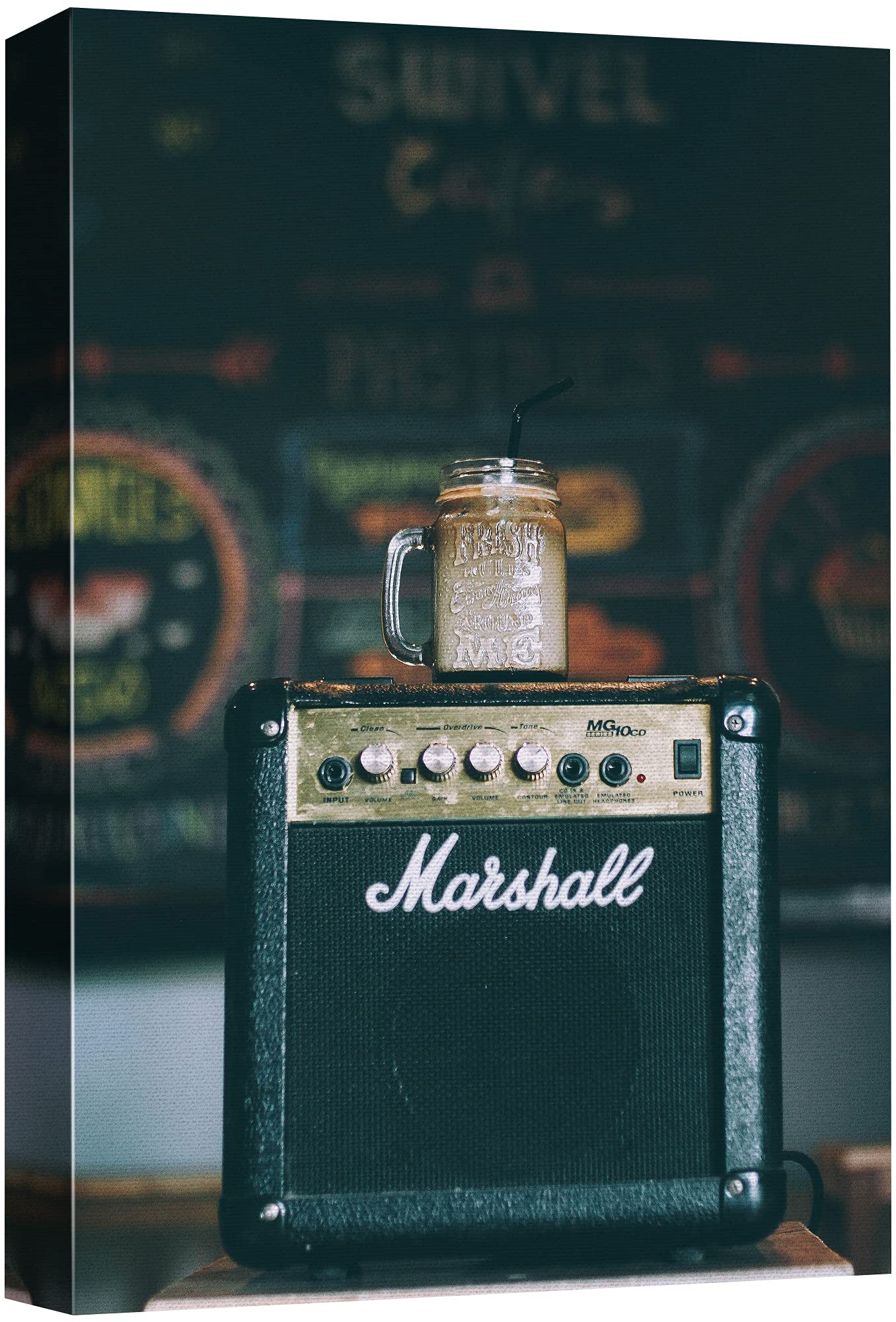 Signford Canvas Print Wall Art Retro Guitar Amplifier With Coffee Mason Jar Music American Photography Realism Bohemian Expressi
