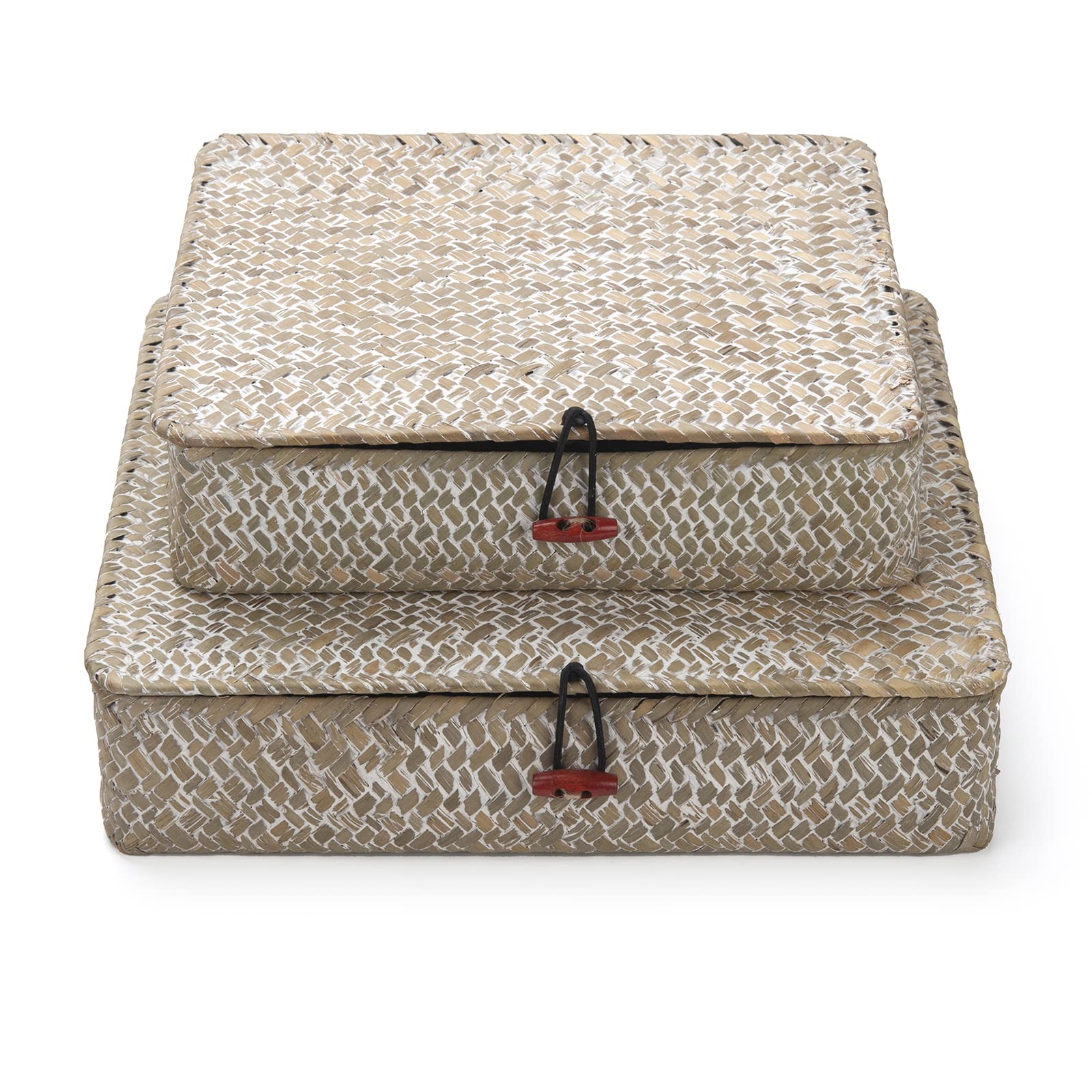 Whitewash Seagrass Basket with Lid Rectangular Decorative Storage Boxes for Shelf Organize Snack Toys Set of 2 (Large+Small)