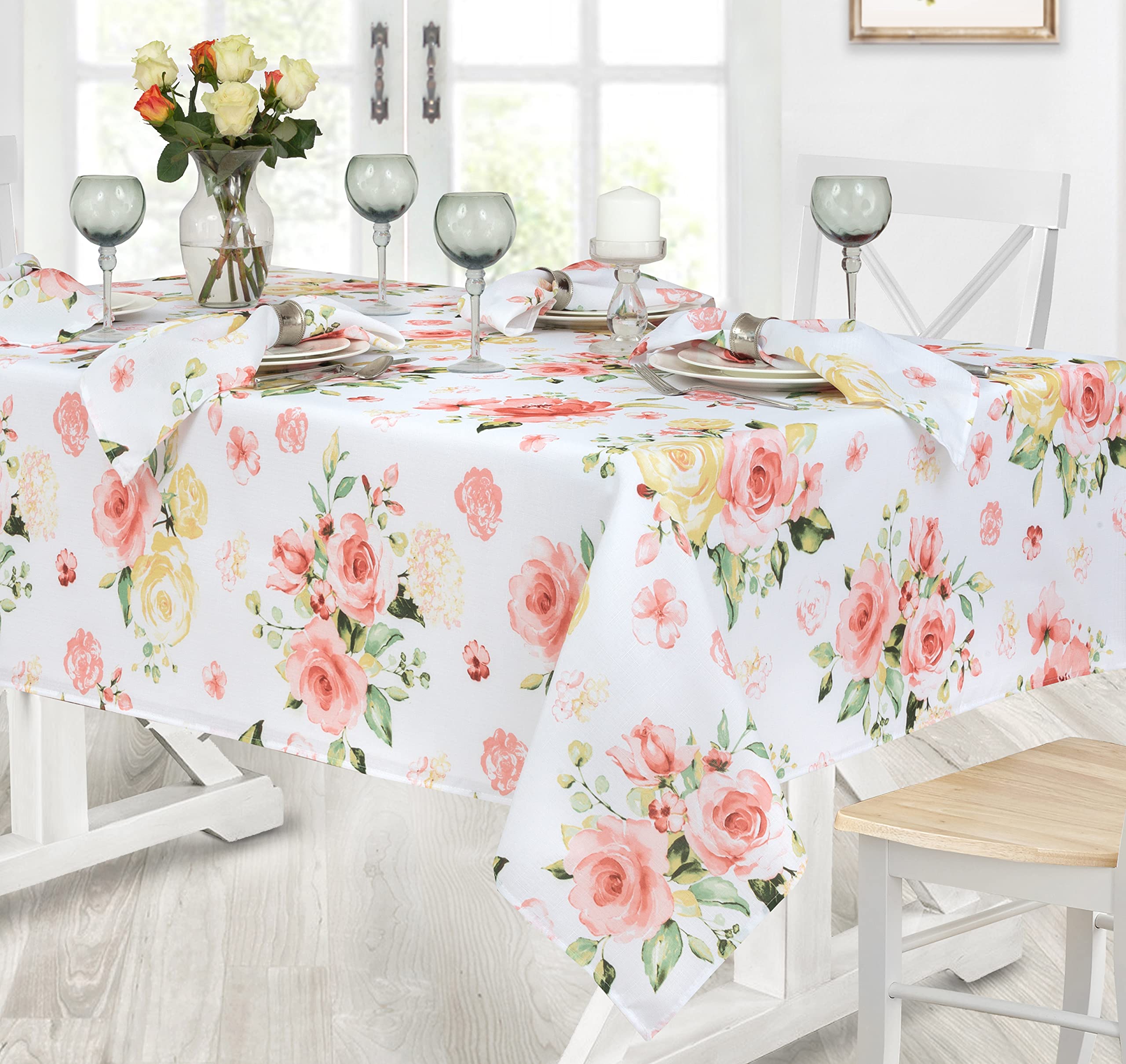 Newbridge Easter Marie Yellow And Pink Rose Petal Floral Rectangle 52 X 70 Inch Fabric Tablecloth, Stain And Wrinkle Resistant T