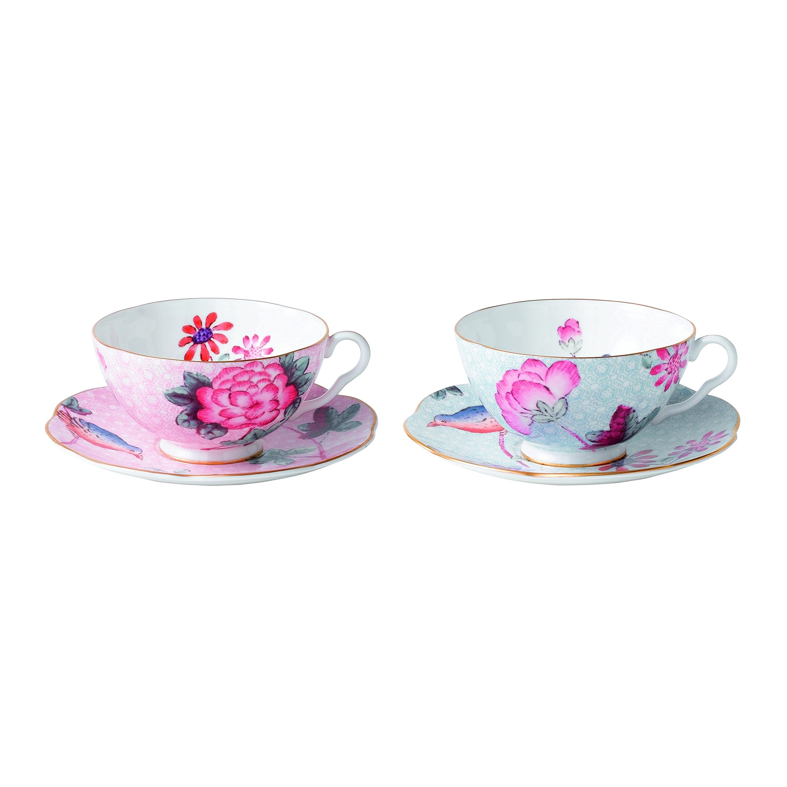 Wedgwood Cuckoo, Set Of 2 Teacup & Saucer Set, 8 Oz, Pink & Blue