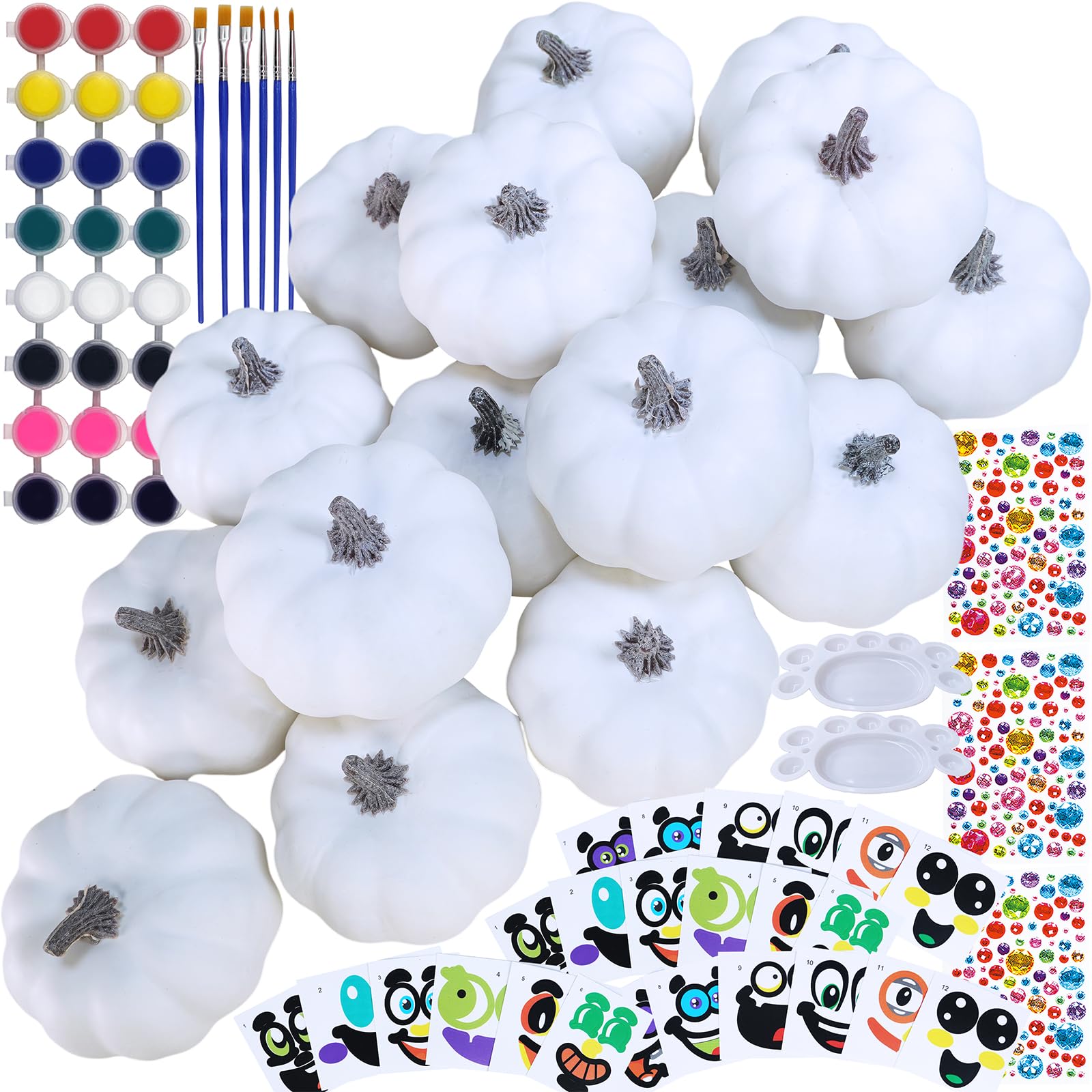 Winlyn 16 Sets 3 DIY Fall Pumpkin Painting Kits Paint Your Own Pumpkins White Foam Craft Pumpkins with Jack-O-Lantern Face Stick