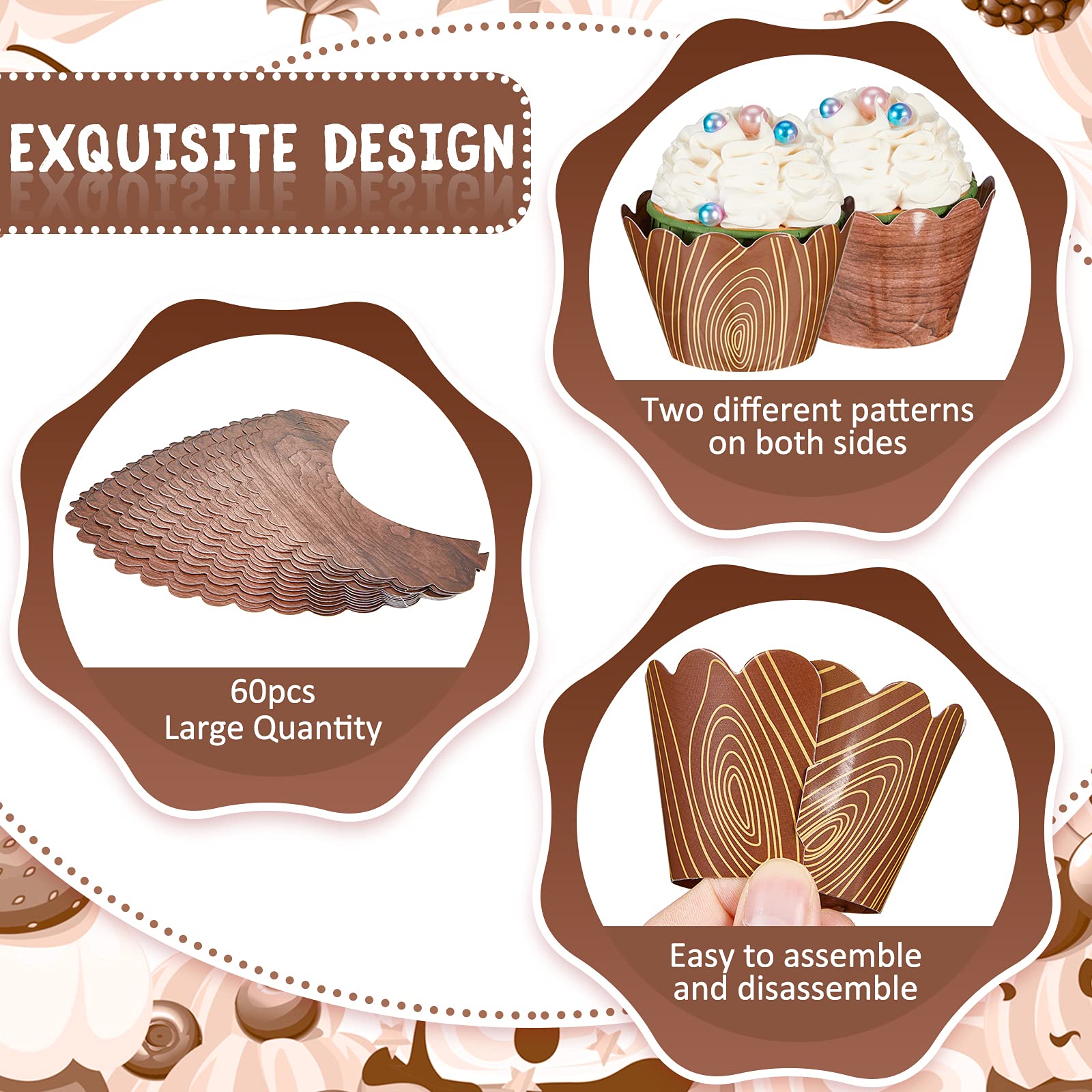 60 Pieces Wood Grain Cupcake Wrappers For Woodland Animal Baby Shower Decorations, Cup Cake Wraps For Outdoor Camp Party Rustic